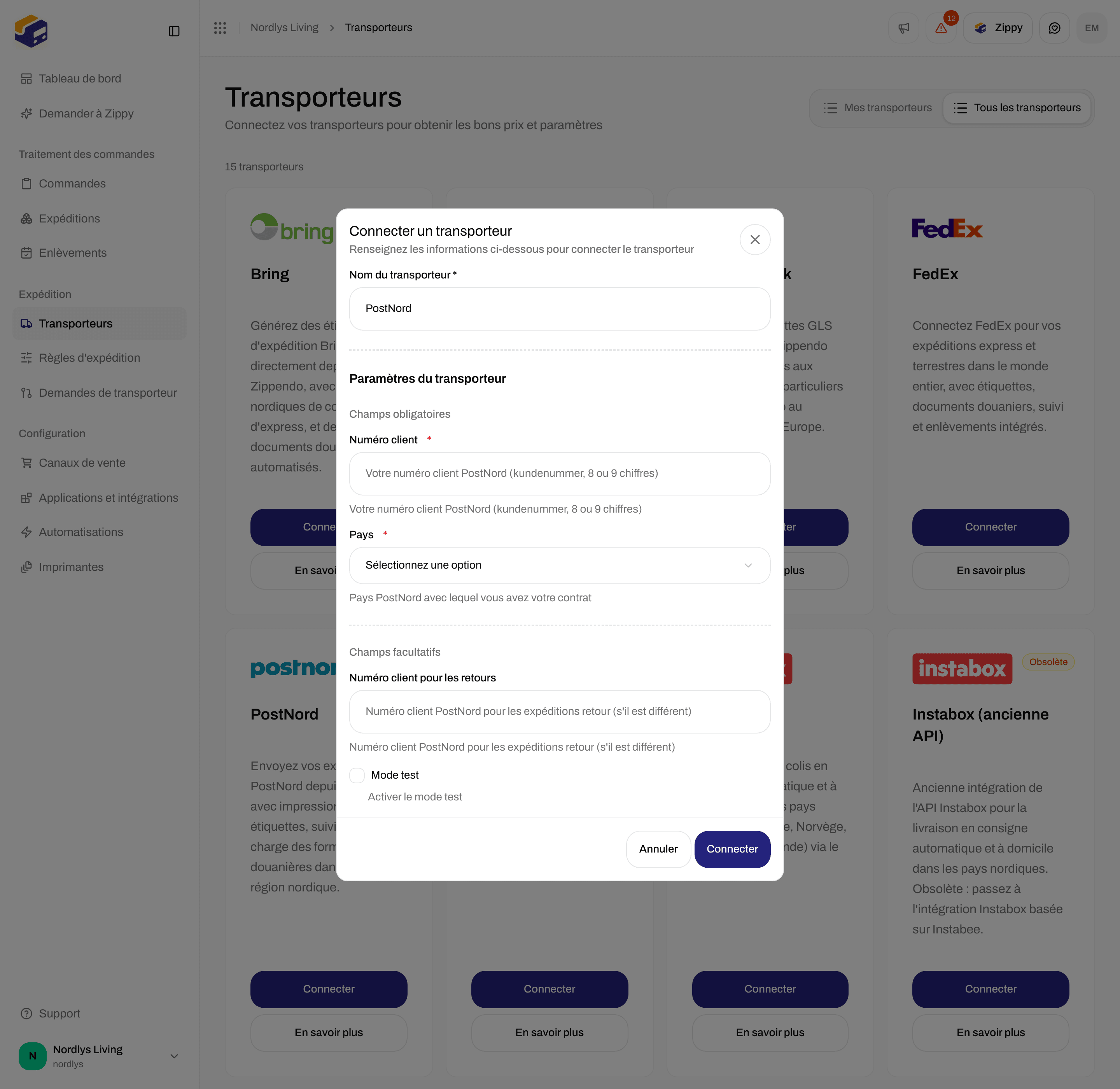 Connecter le transporteur PostNord avec Numéro client et la liste Pays