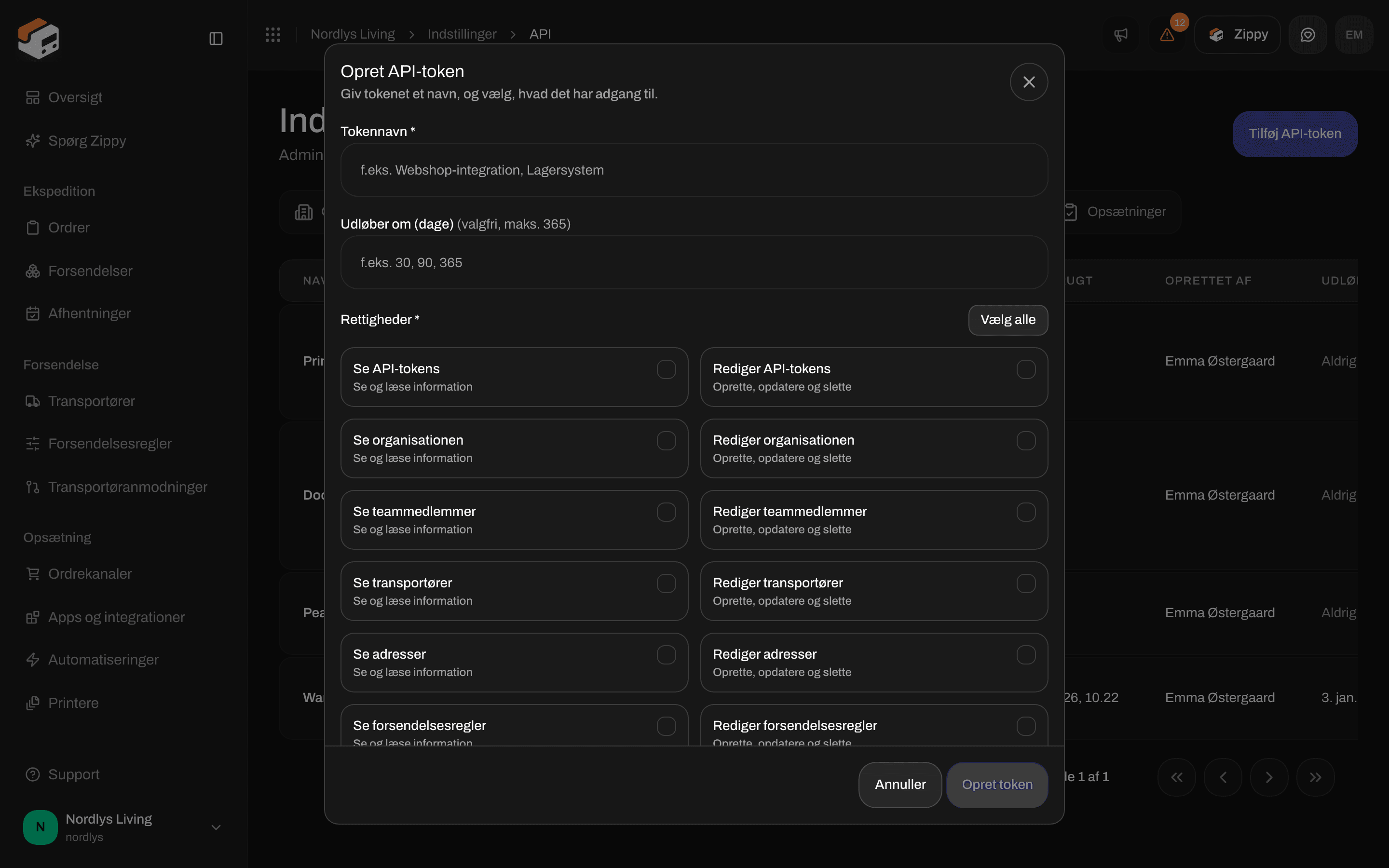 Vinduet Opret API-token med Tokennavn, Udløber om (dage) og afkrydsningsfelter for rettigheder