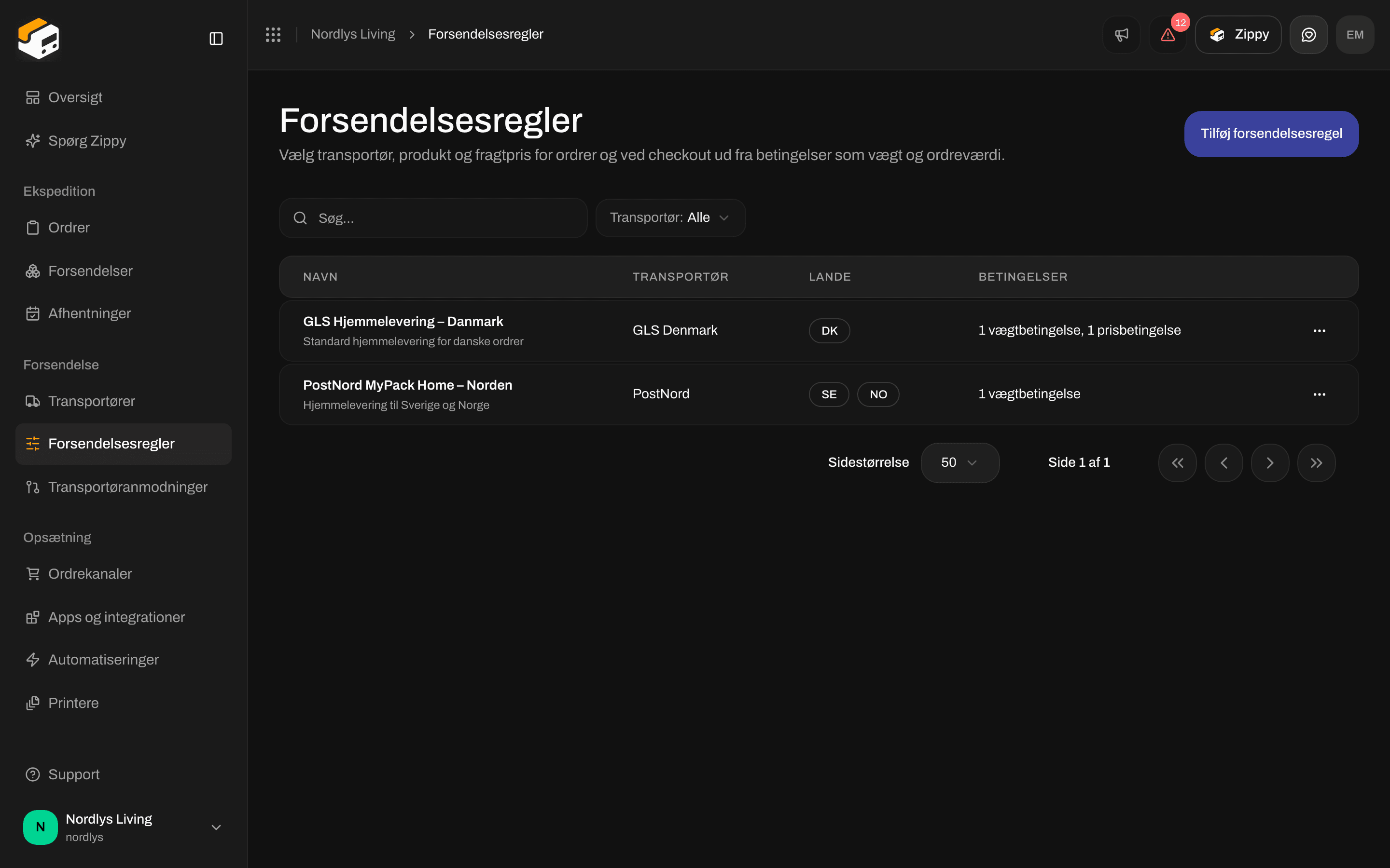 Listen over forsendelsesregler med GLS Hjemmelevering for Danmark og PostNord MyPack Home for Sverige og Norge