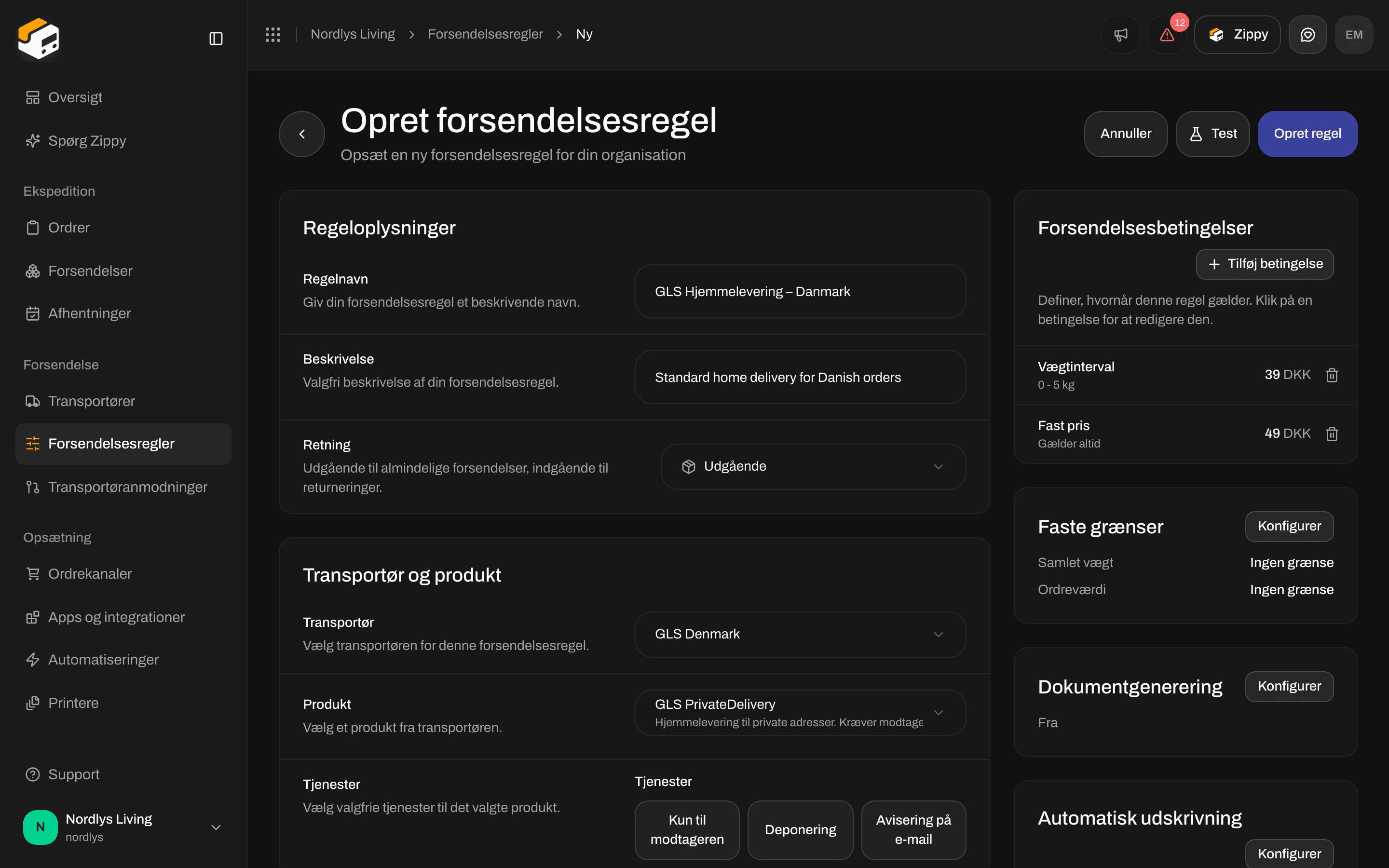 Forsendelsesbetingelser med en vægtbetingelse til 39 DKK og en betingelse med fast pris til 49 DKK