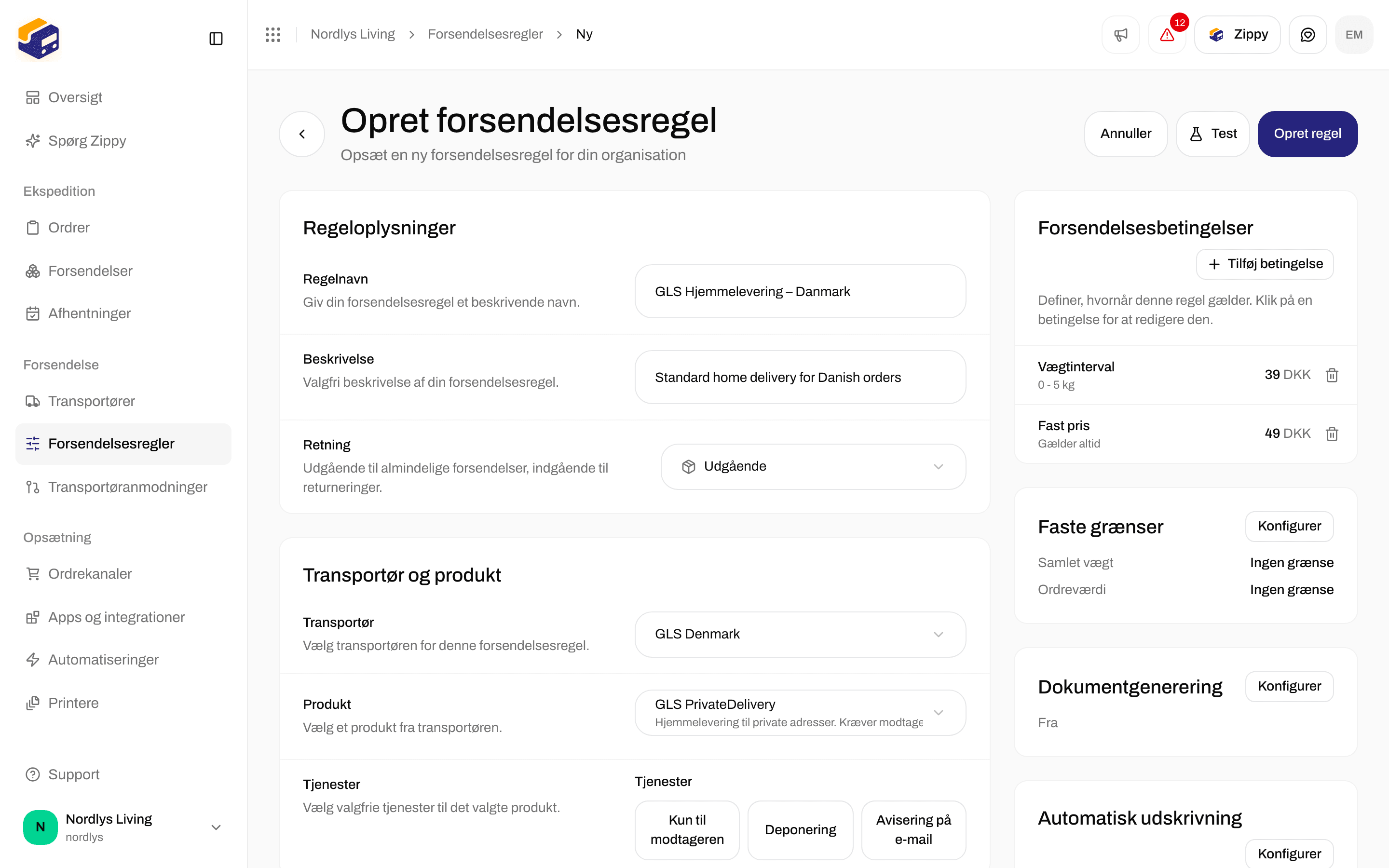 Forsendelsesbetingelser med en vægtbetingelse til 39 DKK og en betingelse med fast pris til 49 DKK