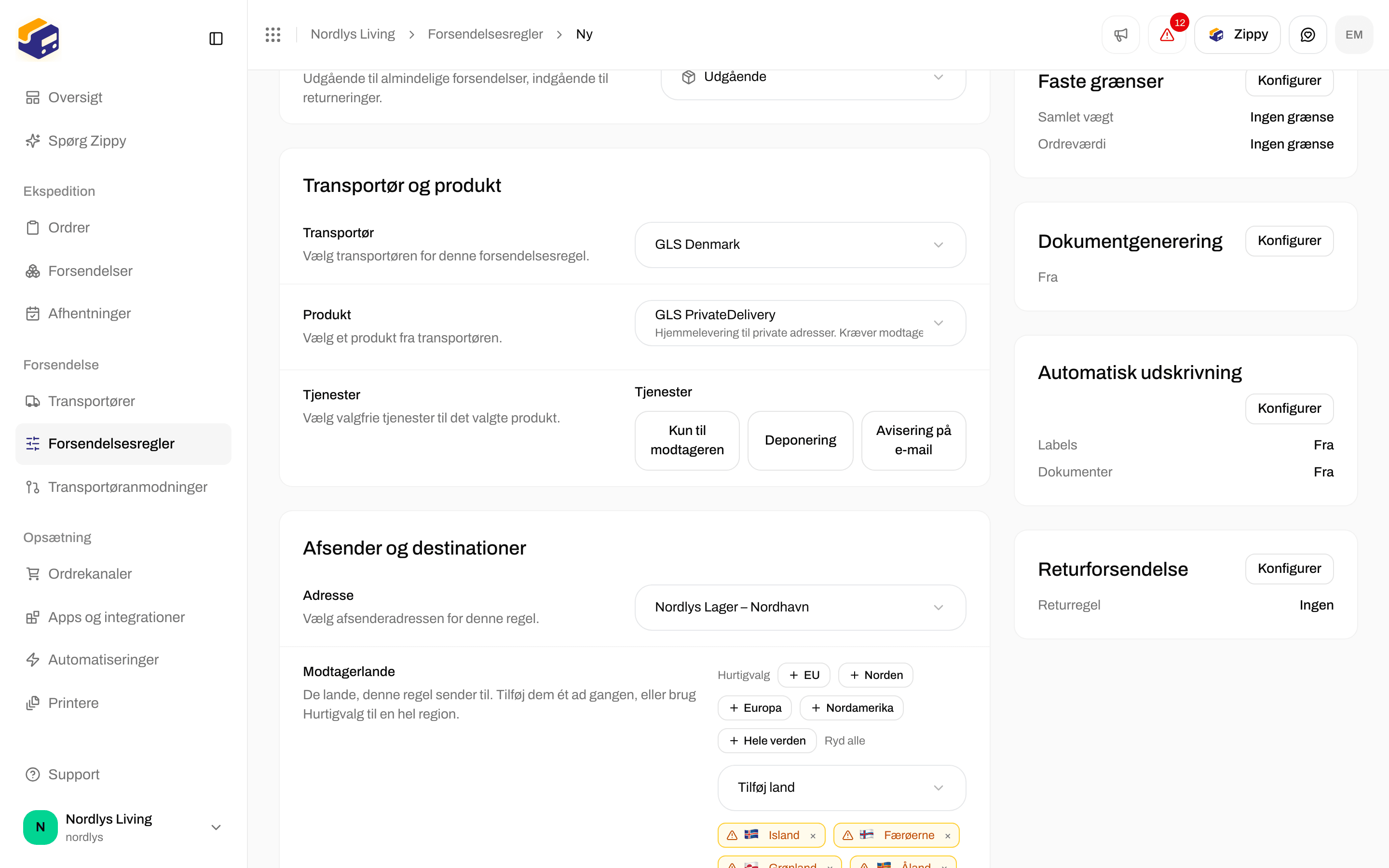 Indstillinger for dokumentgenerering, kontakterne Auto-udskriv labels og Auto-udskriv dokumenter og listen Returforsendelsesregel