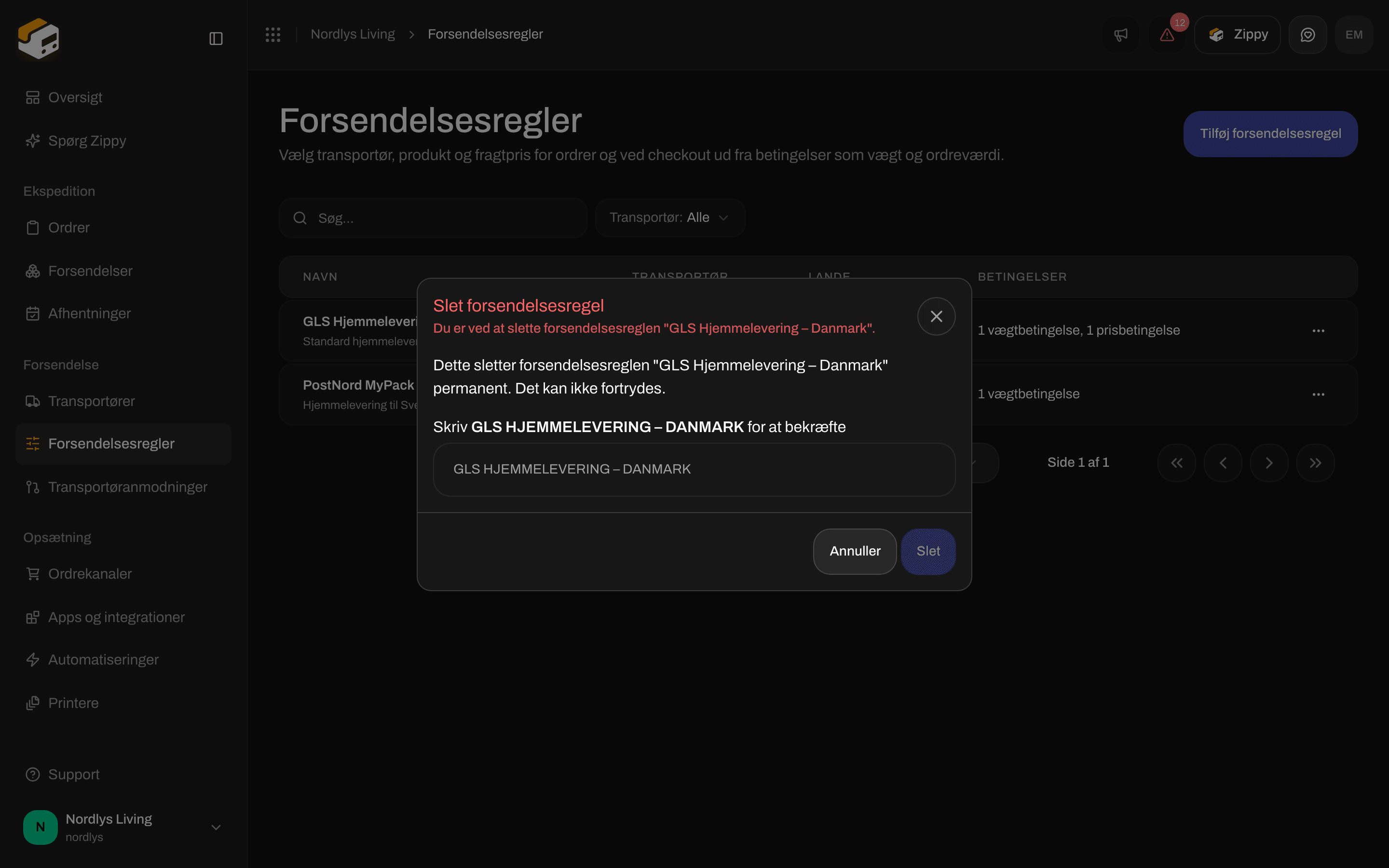 Vinduet Slet forsendelsesregel, der beder dig skrive GLS HJEMMELEVERING – DANMARK for at bekræfte