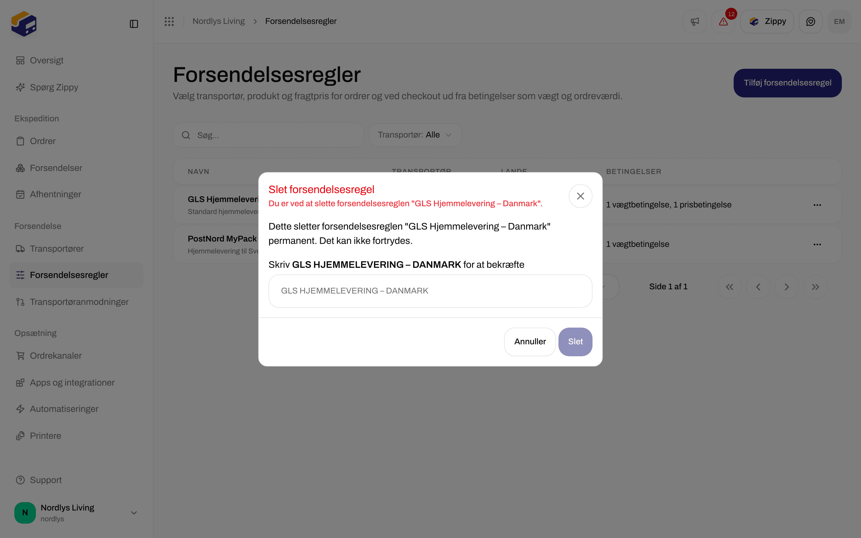 Vinduet Slet forsendelsesregel, der beder dig skrive GLS HJEMMELEVERING – DANMARK for at bekræfte