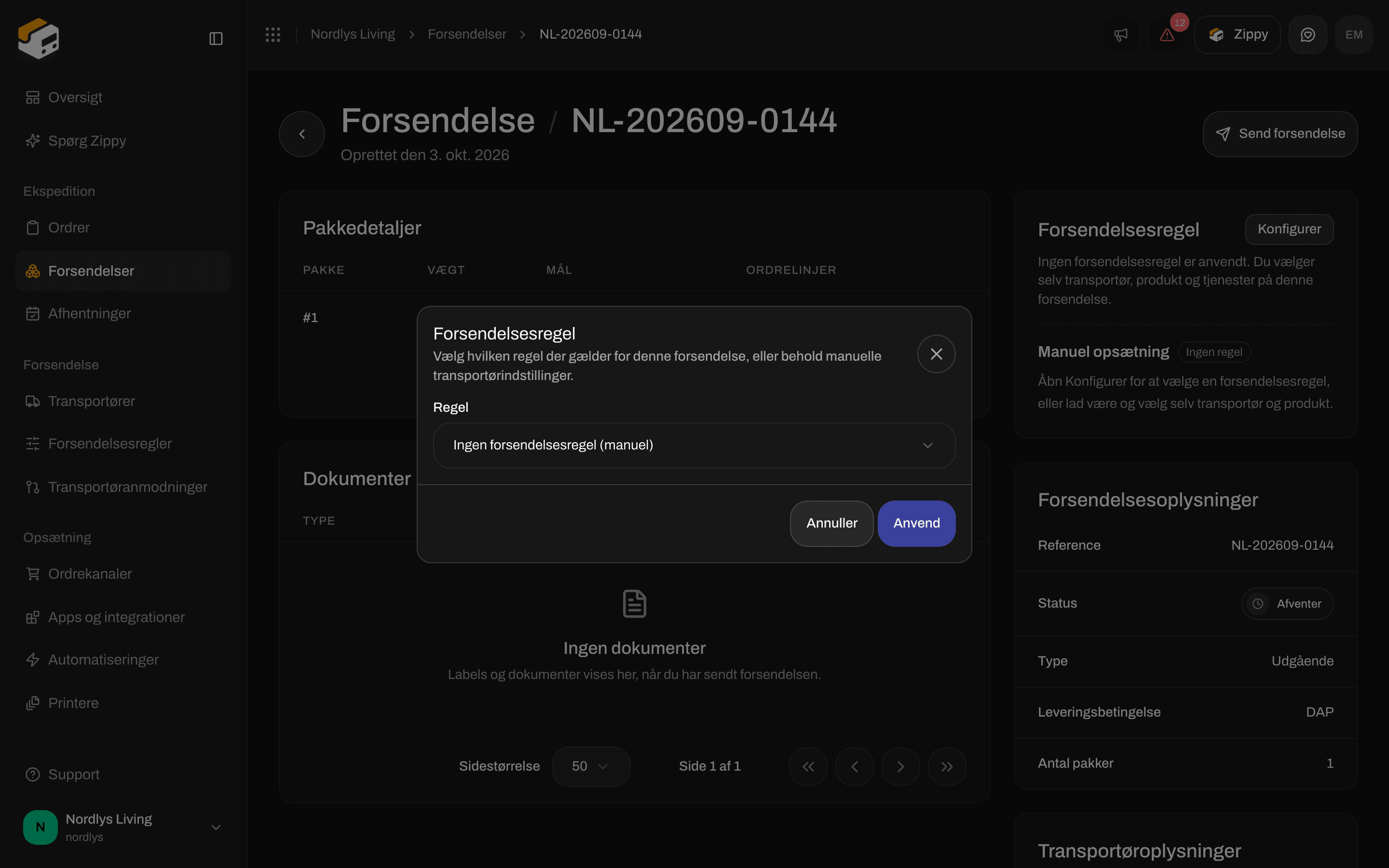 Vinduet Forsendelsesregel på en forsendelse med Anvend og en regelliste