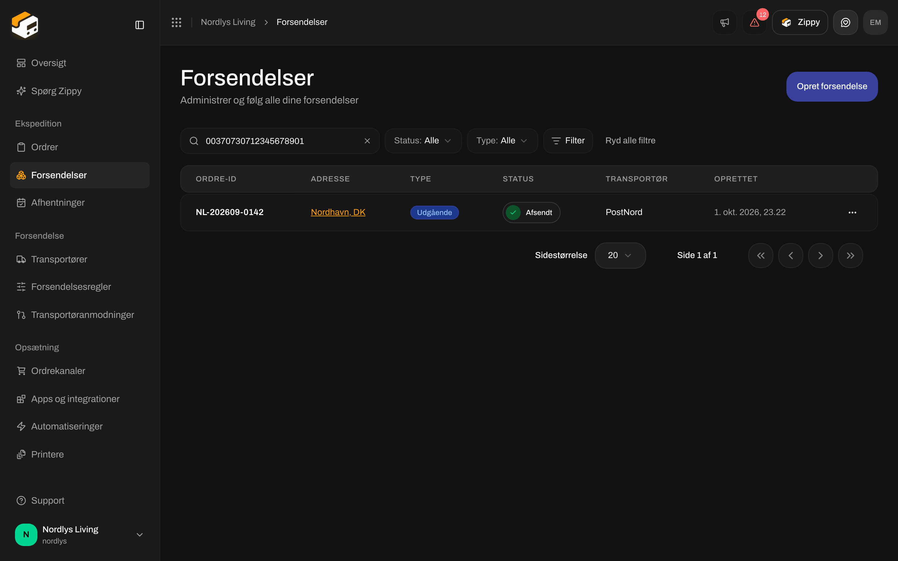 Forsendelseslisten, der viser den forsendelse, som matcher et trackingnummer