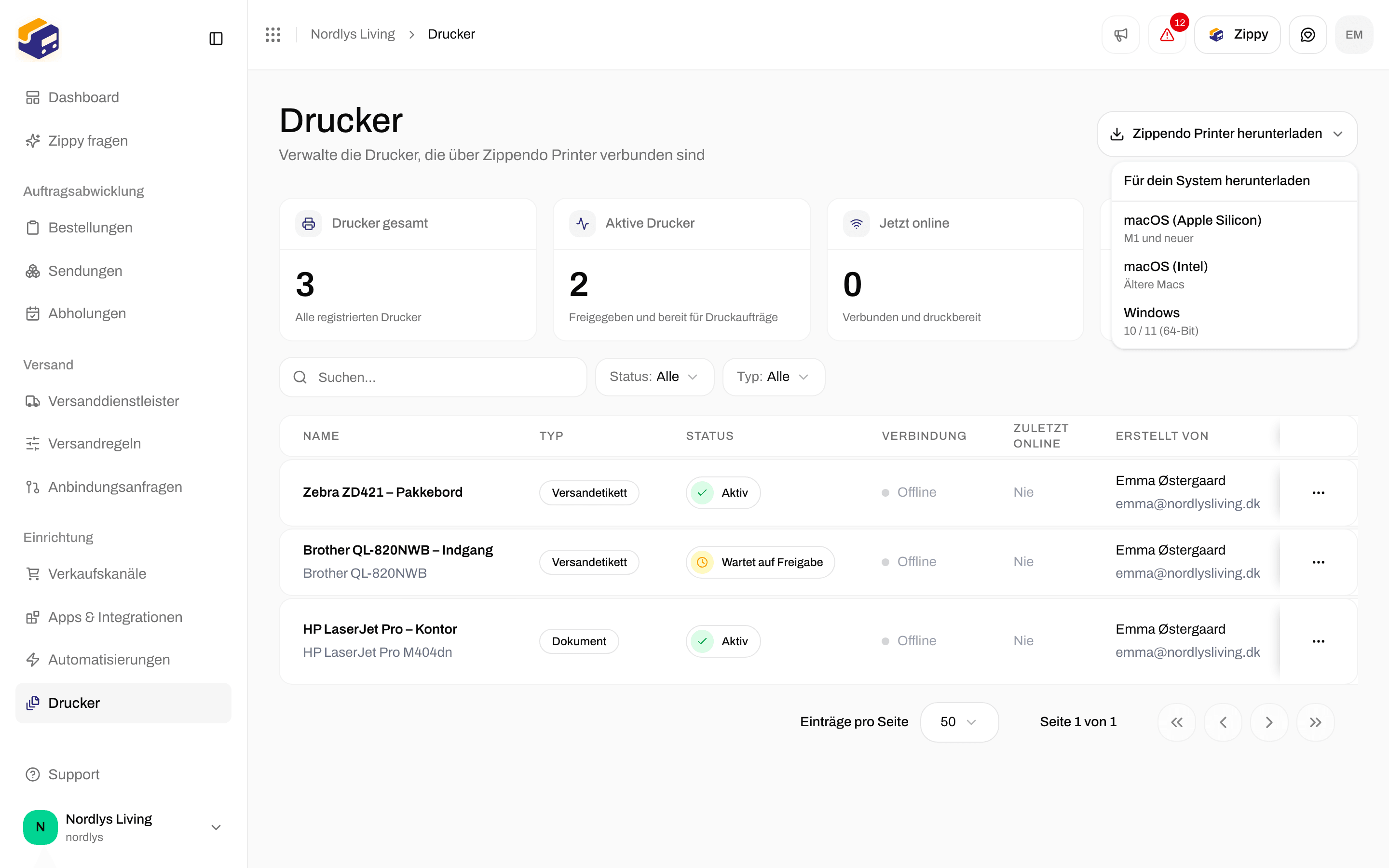 Download-Menü auf der Seite Drucker mit den Installationsprogrammen für macOS Apple Silicon, macOS Intel und Windows
