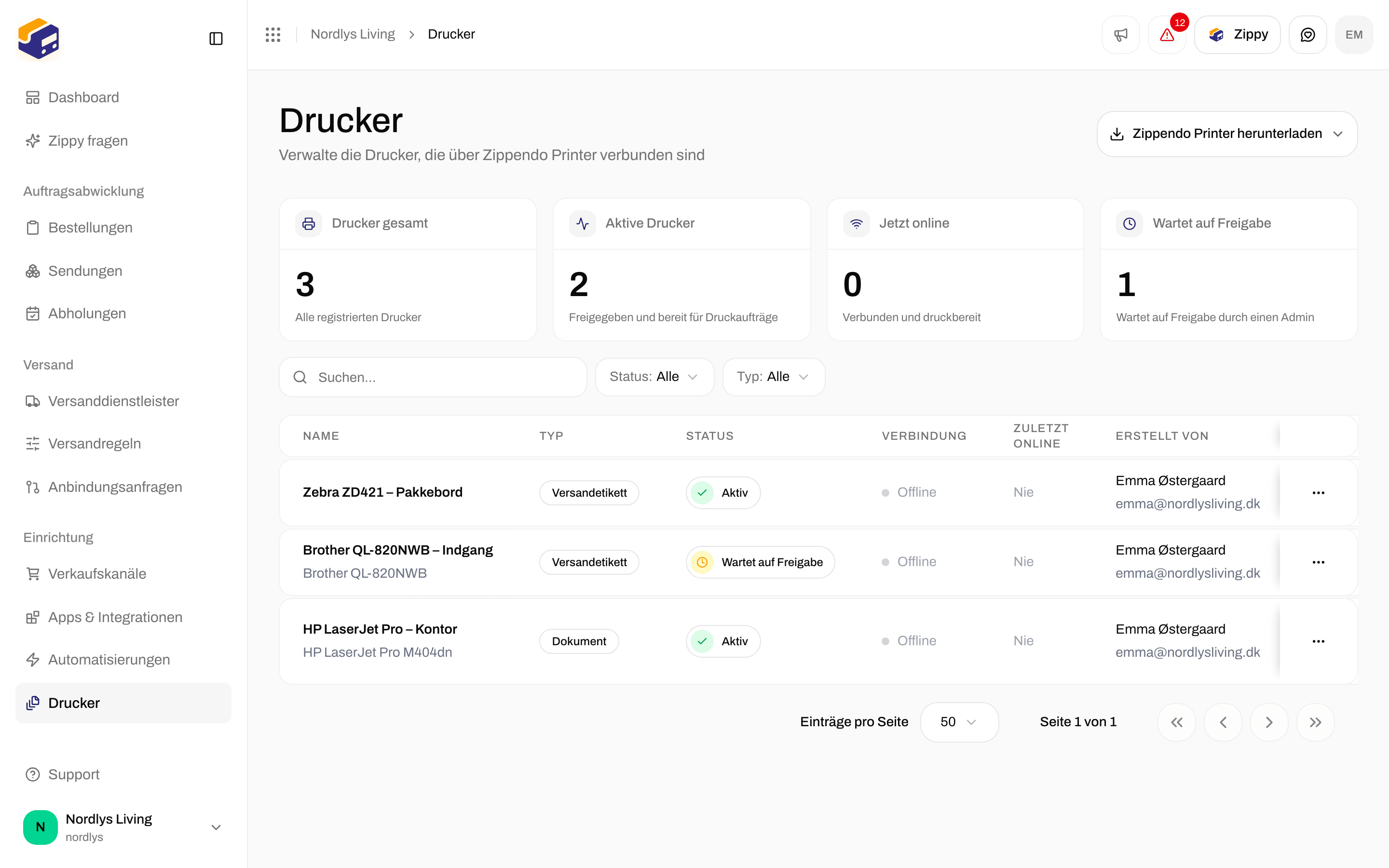 Filter auf der Seite Drucker mit Suchen, Status und Typ