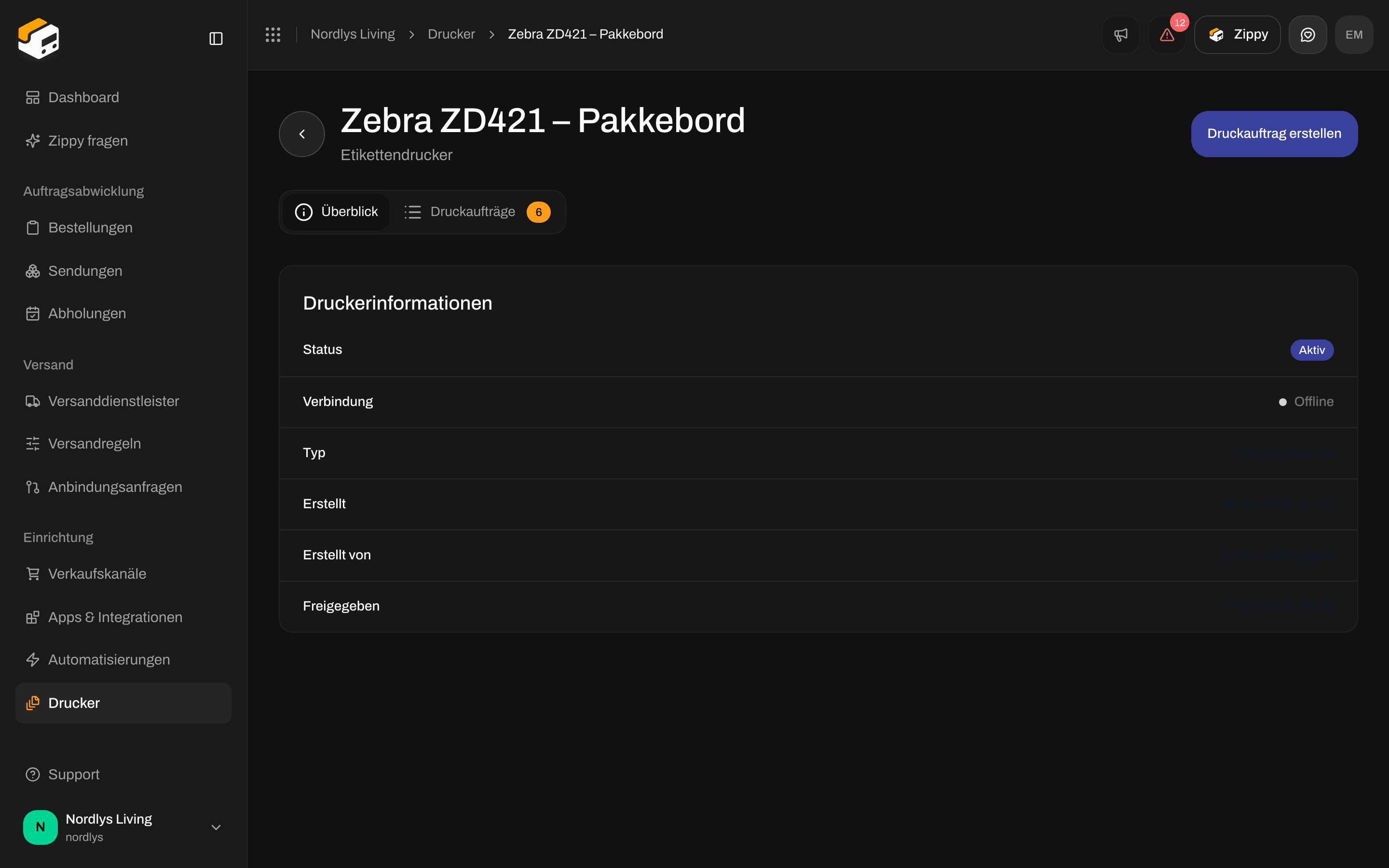 Seite eines Druckers, Tab Überblick mit Druckerinformationen, Status Aktiv und Verbindung Offline