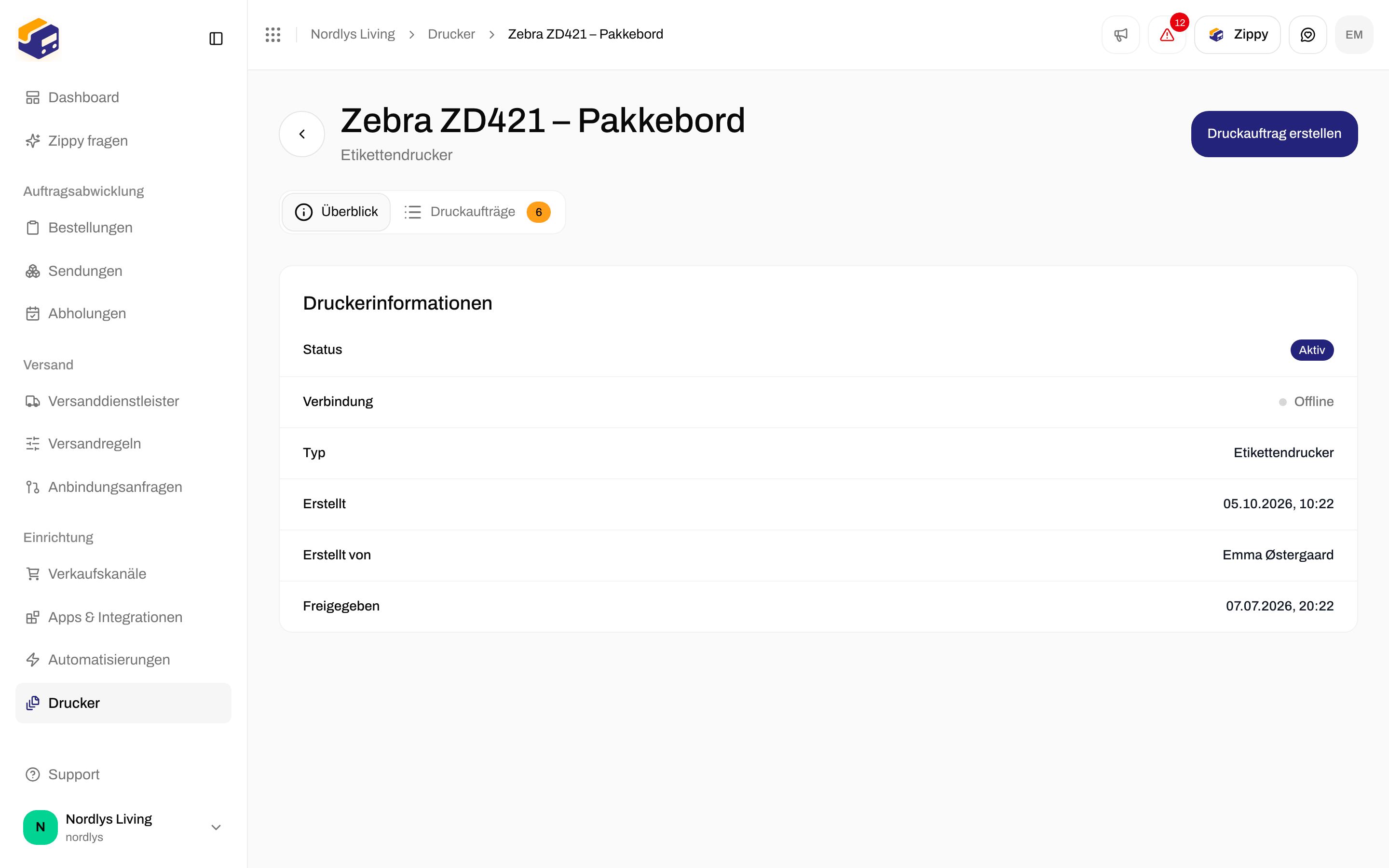 Seite eines Druckers, Tab Überblick mit Druckerinformationen, Status Aktiv und Verbindung Offline