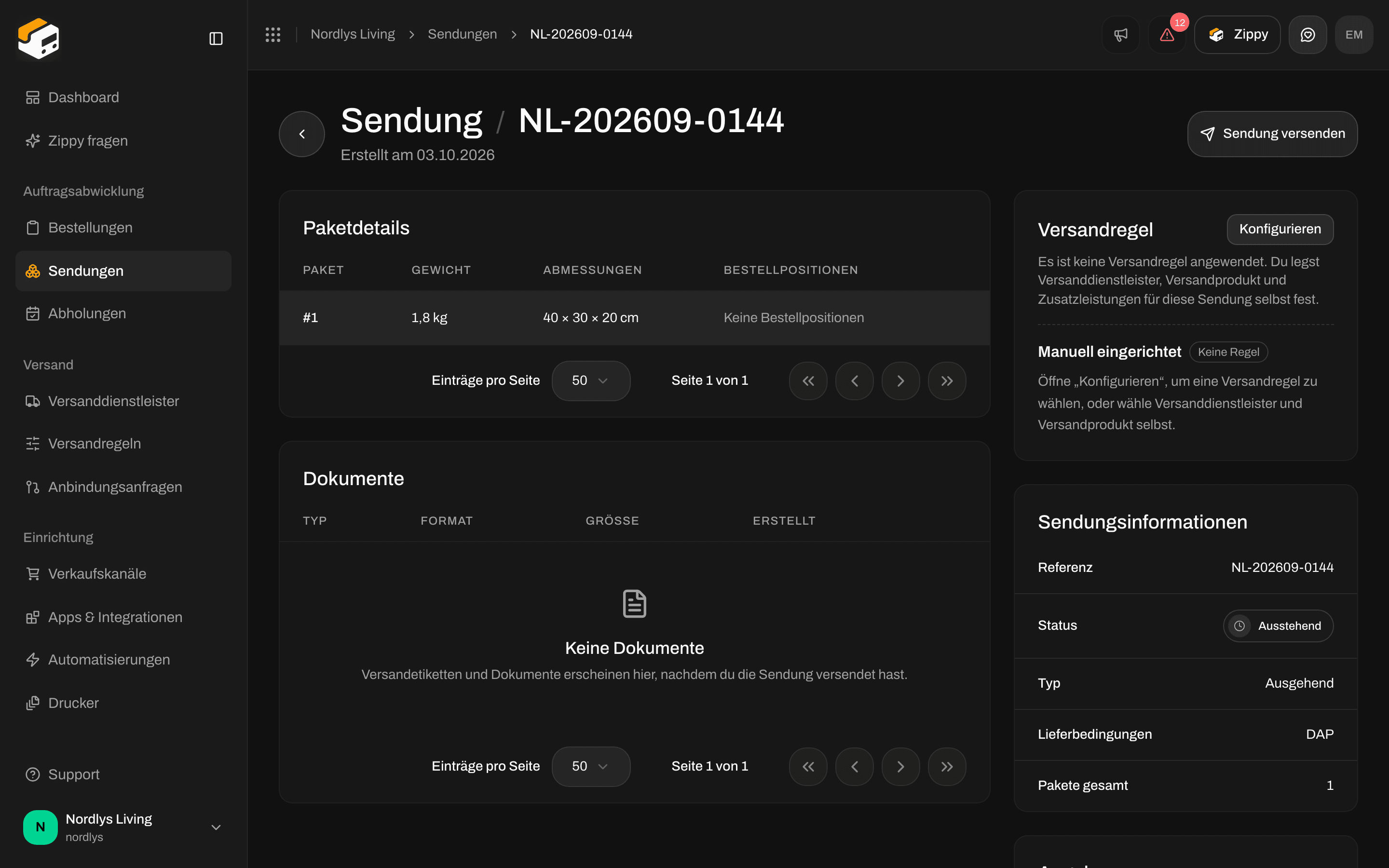Überblick einer Sendung mit der Karte Versandregel, Konfigurieren und entweder Manuell eingerichtet oder einer aktiven Regel