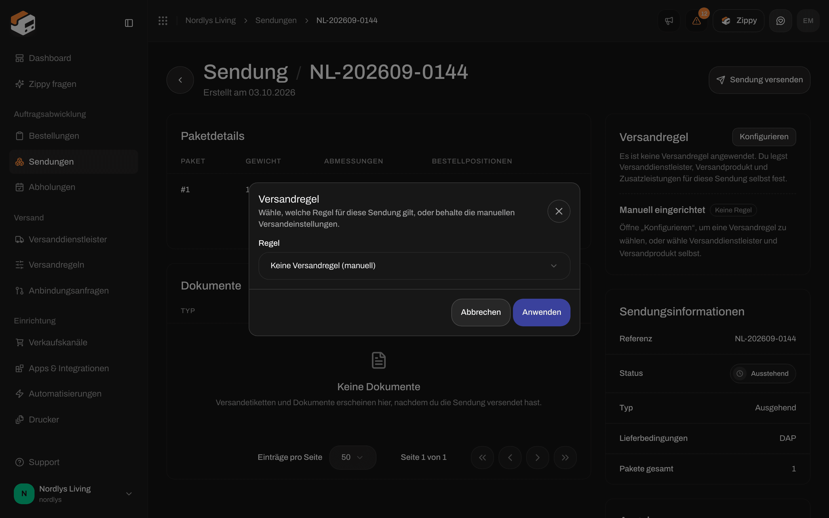 Fenster Versandregel einer Sendung mit der Liste Regel und Anwenden