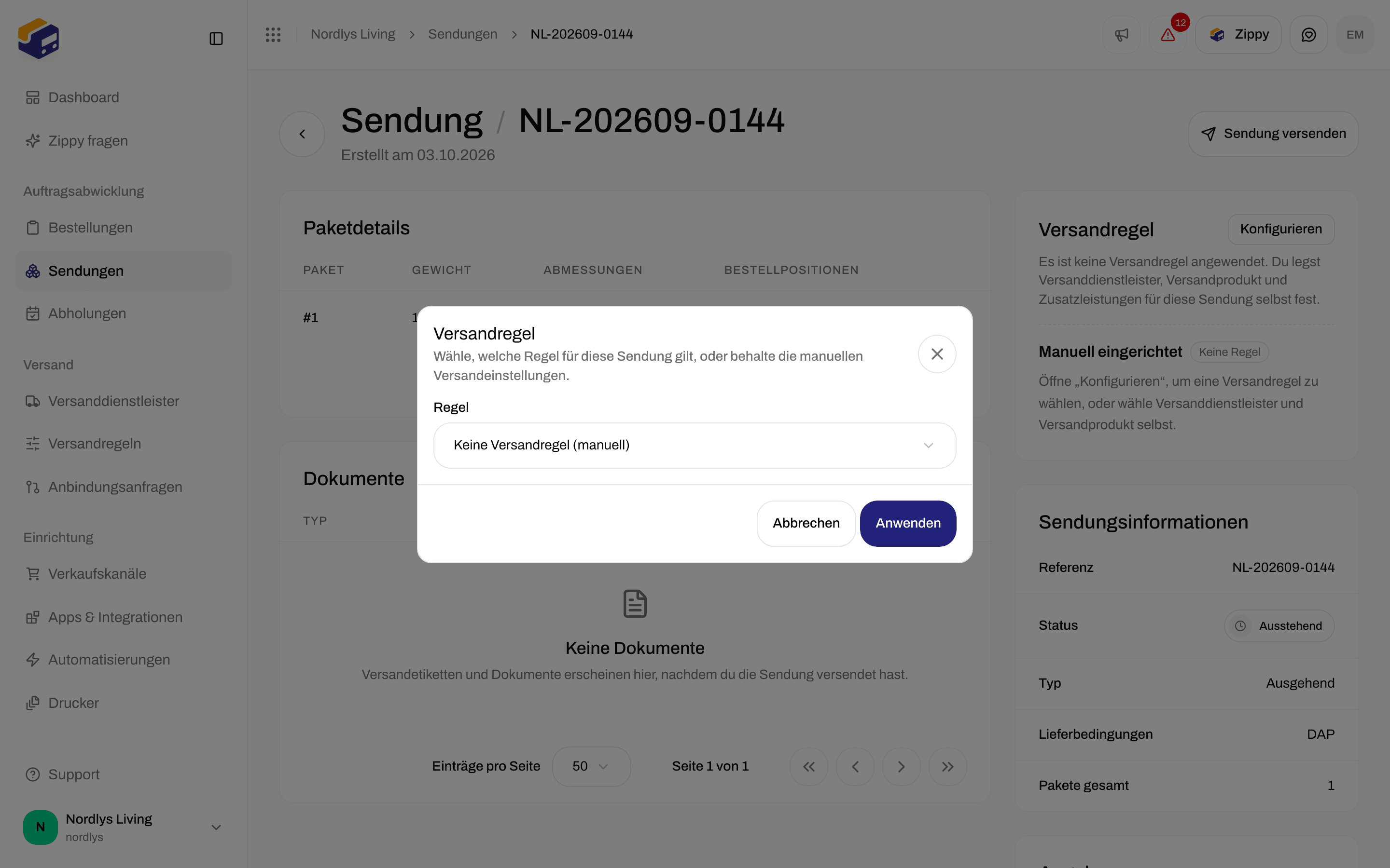 Fenster Versandregel einer Sendung mit der Liste Regel und Anwenden