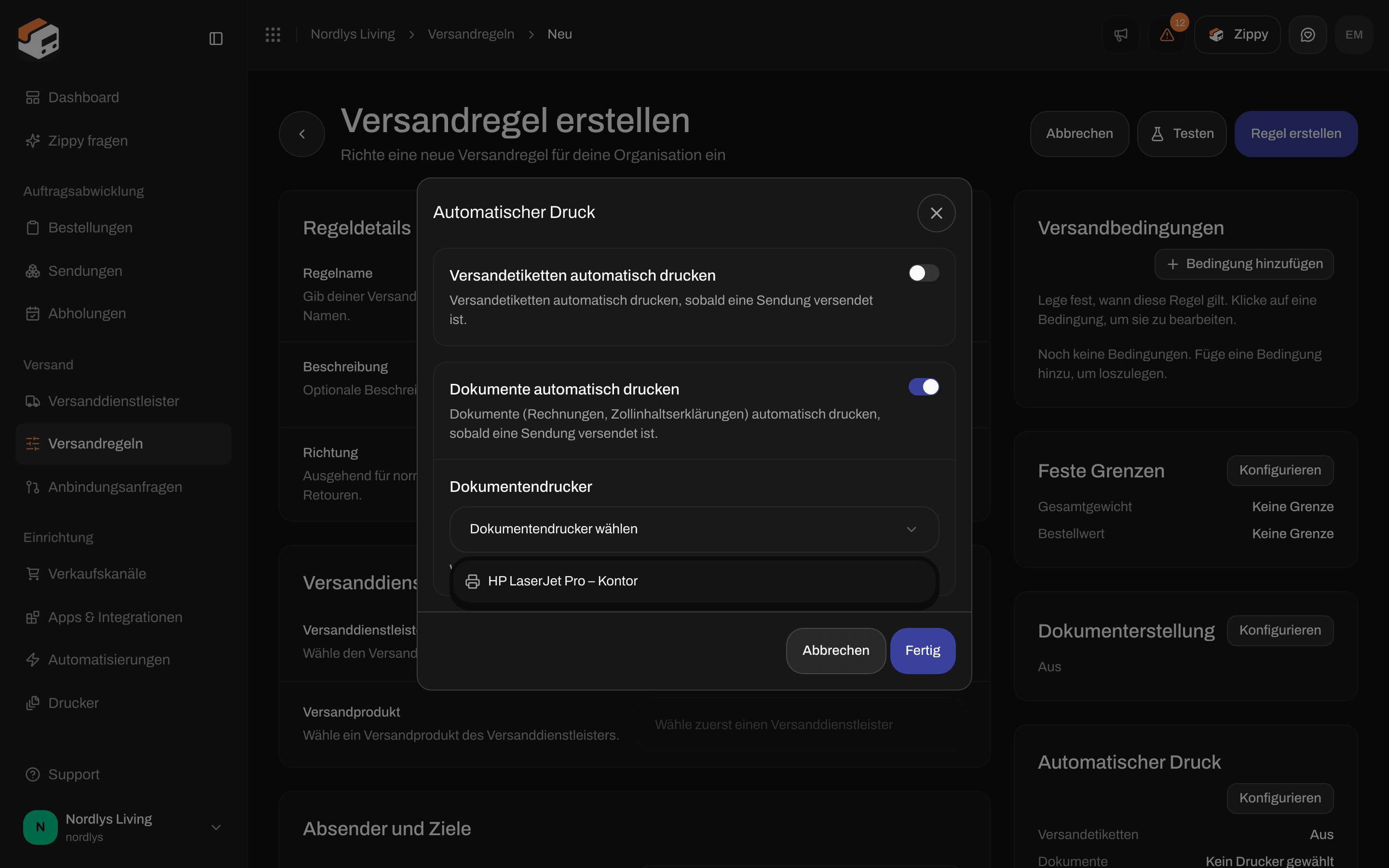 Dialog Automatischer Druck mit eingeschaltetem Dokumente automatisch drucken und der Liste Dokumentendrucker