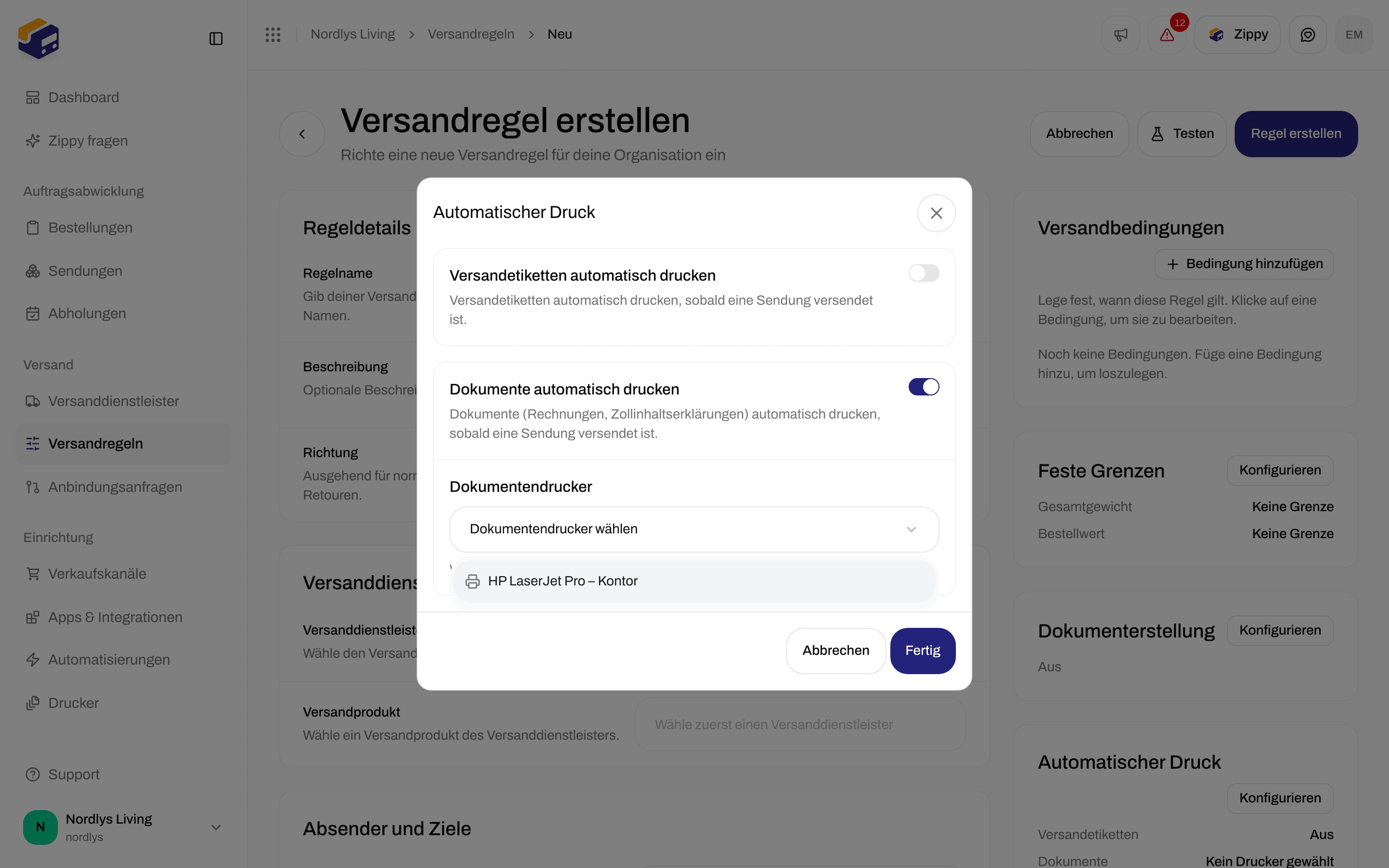 Dialog Automatischer Druck mit eingeschaltetem Dokumente automatisch drucken und der Liste Dokumentendrucker