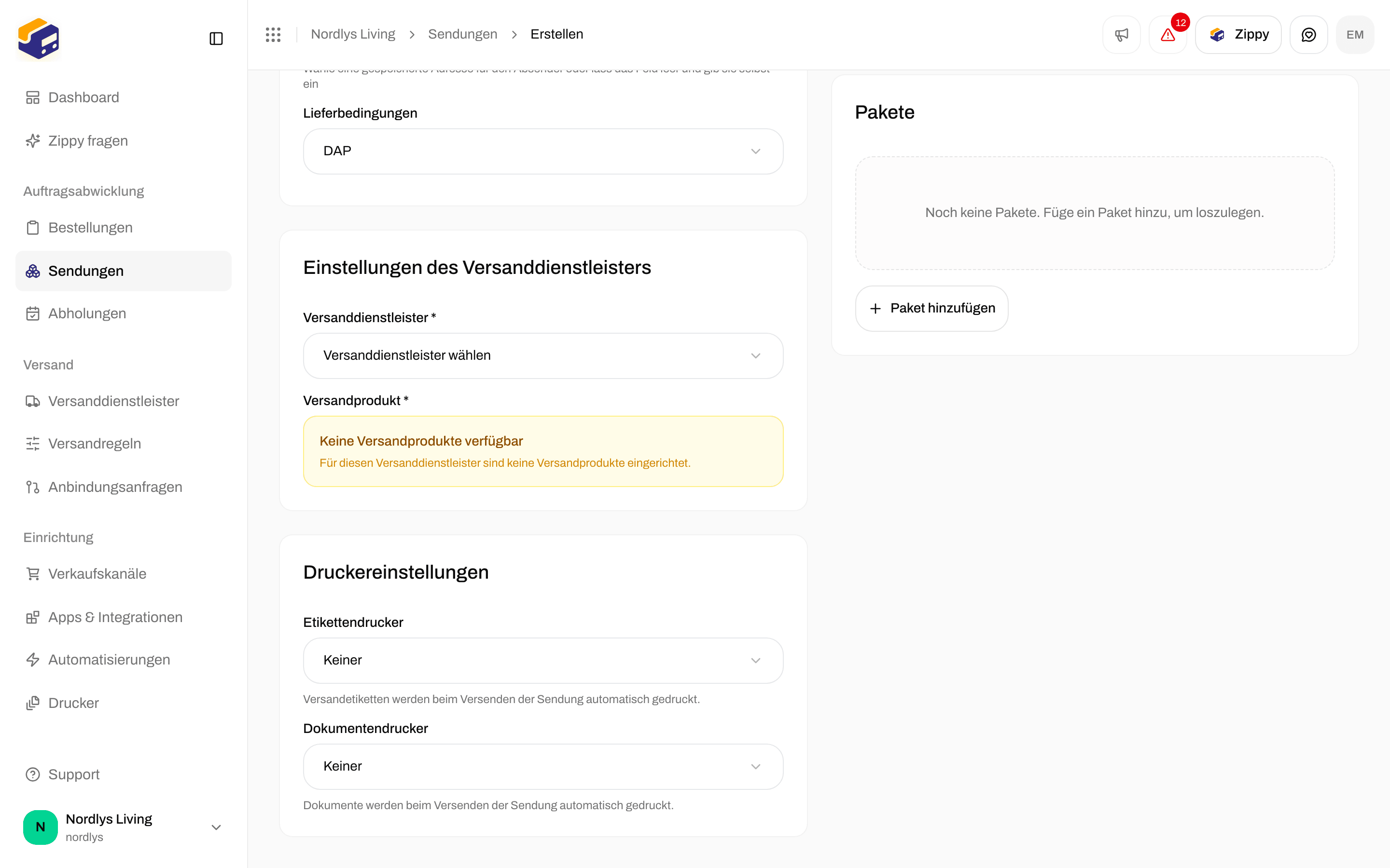 Feld Druckereinstellungen bei Sendung erstellen mit Etikettendrucker und Dokumentendrucker auf Keine