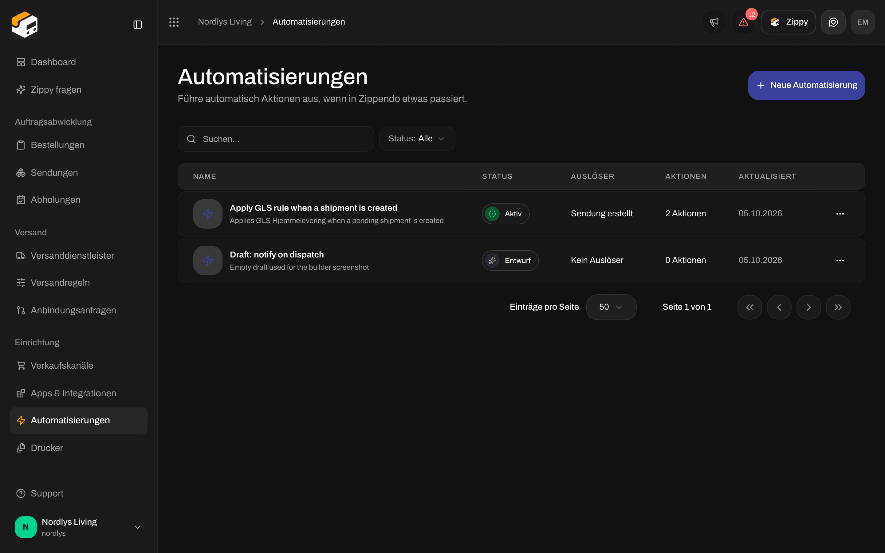 Seite Automatisierungen mit der Tabelle Alle Automatisierungen und der Schaltfläche Neue Automatisierung