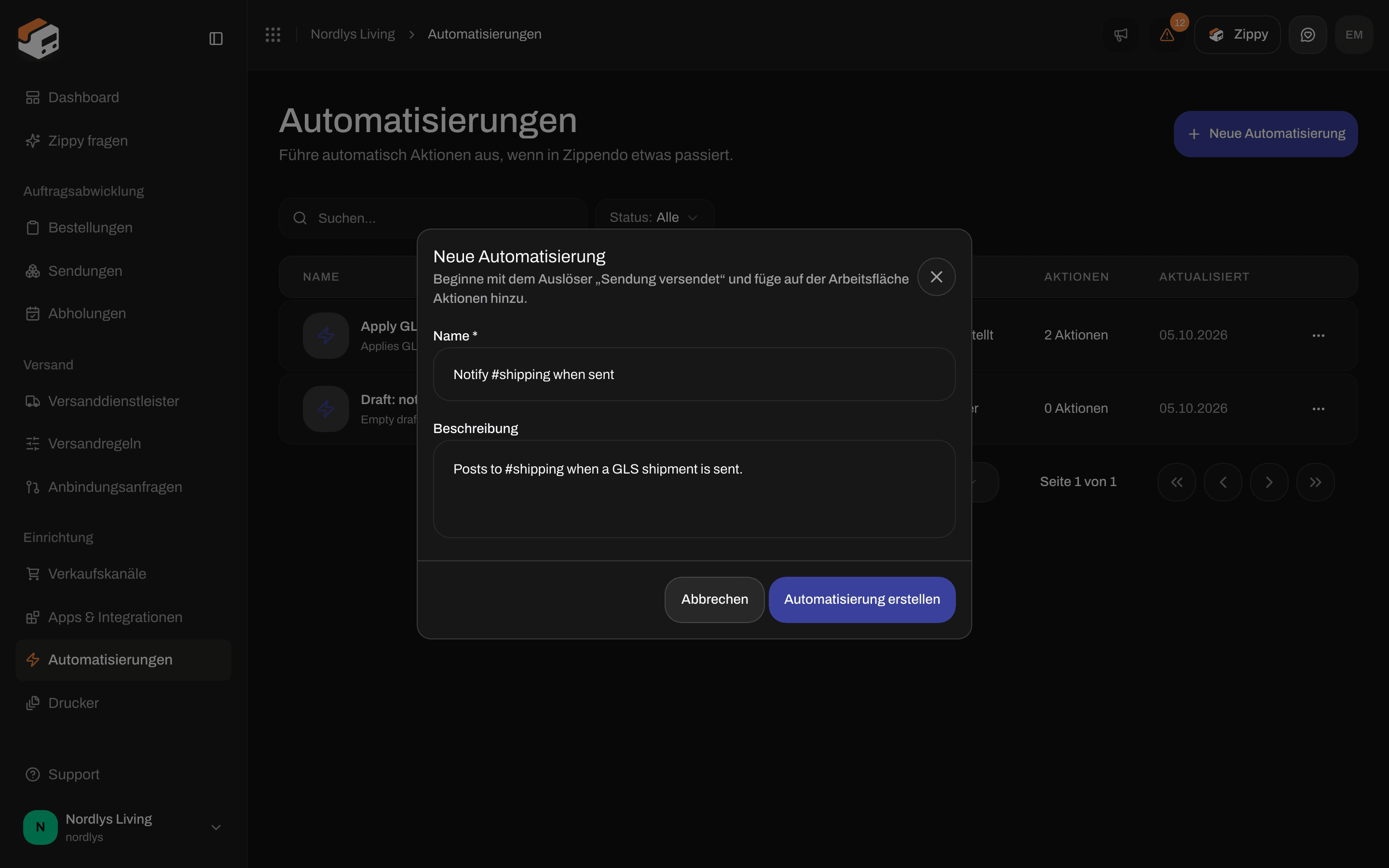 Fenster Neue Automatisierung mit Name, Beschreibung, Abbrechen und Automatisierung erstellen