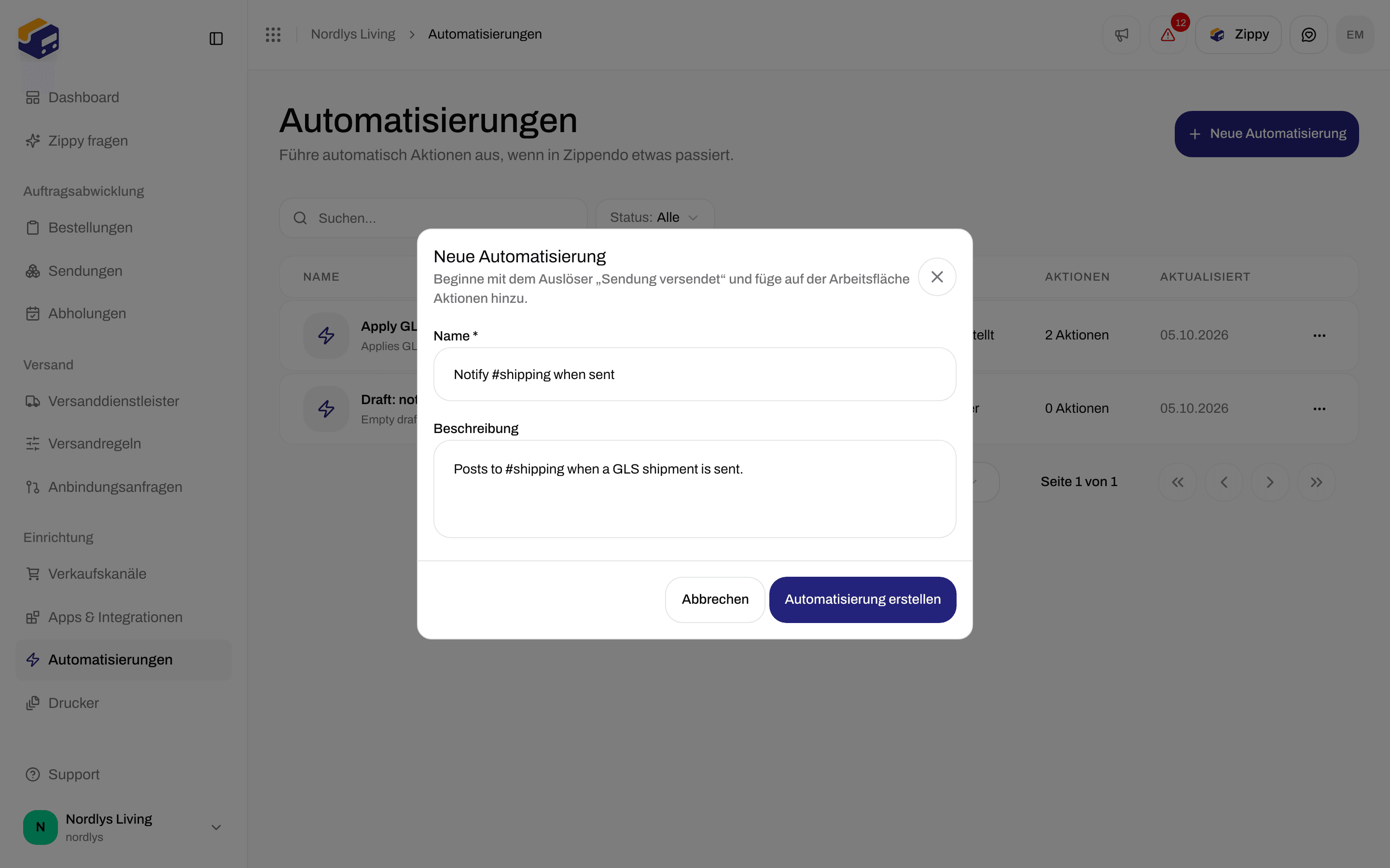 Fenster Neue Automatisierung mit Name, Beschreibung, Abbrechen und Automatisierung erstellen