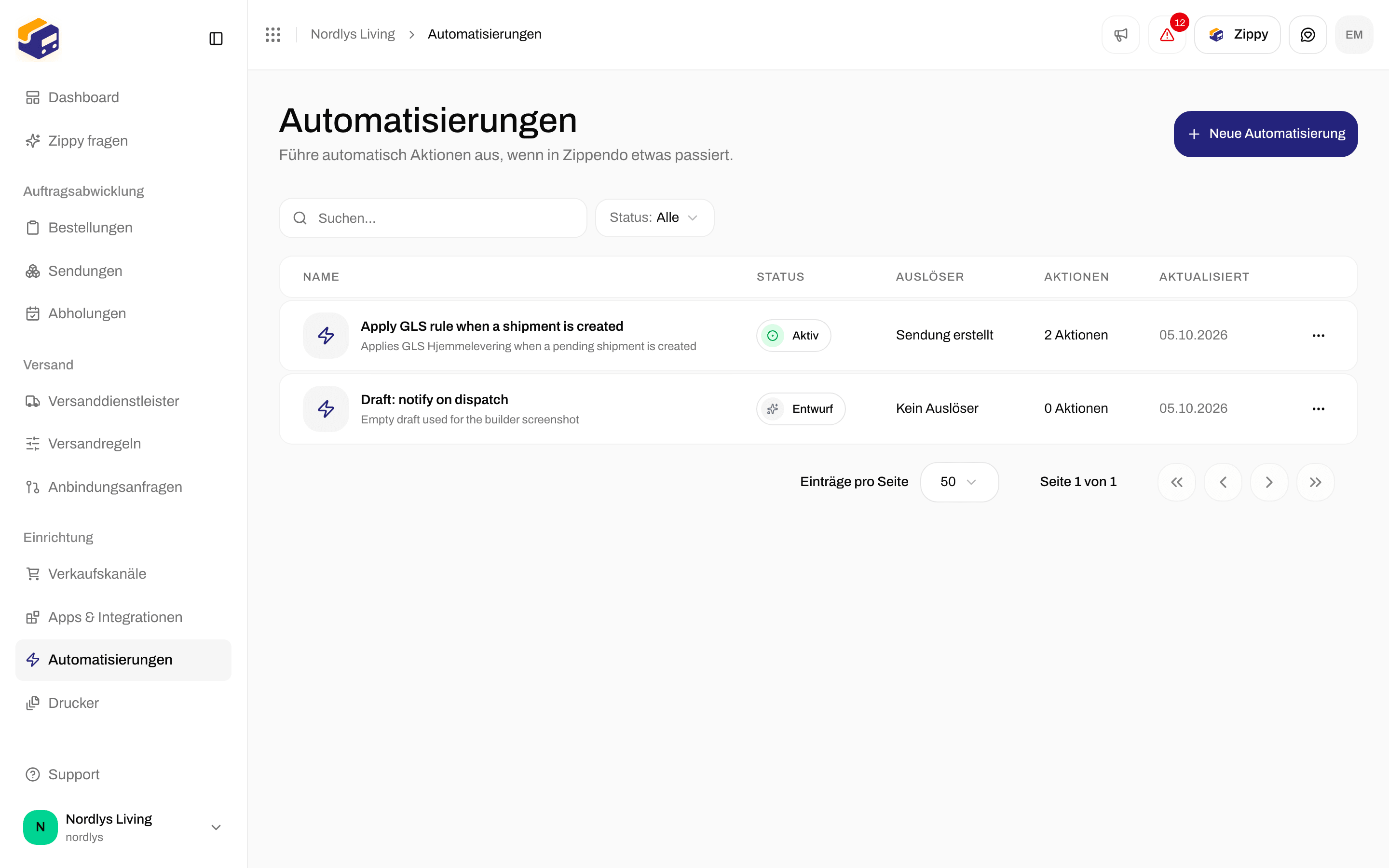 Filterbereich mit Suche und Status in der Liste der Automatisierungen