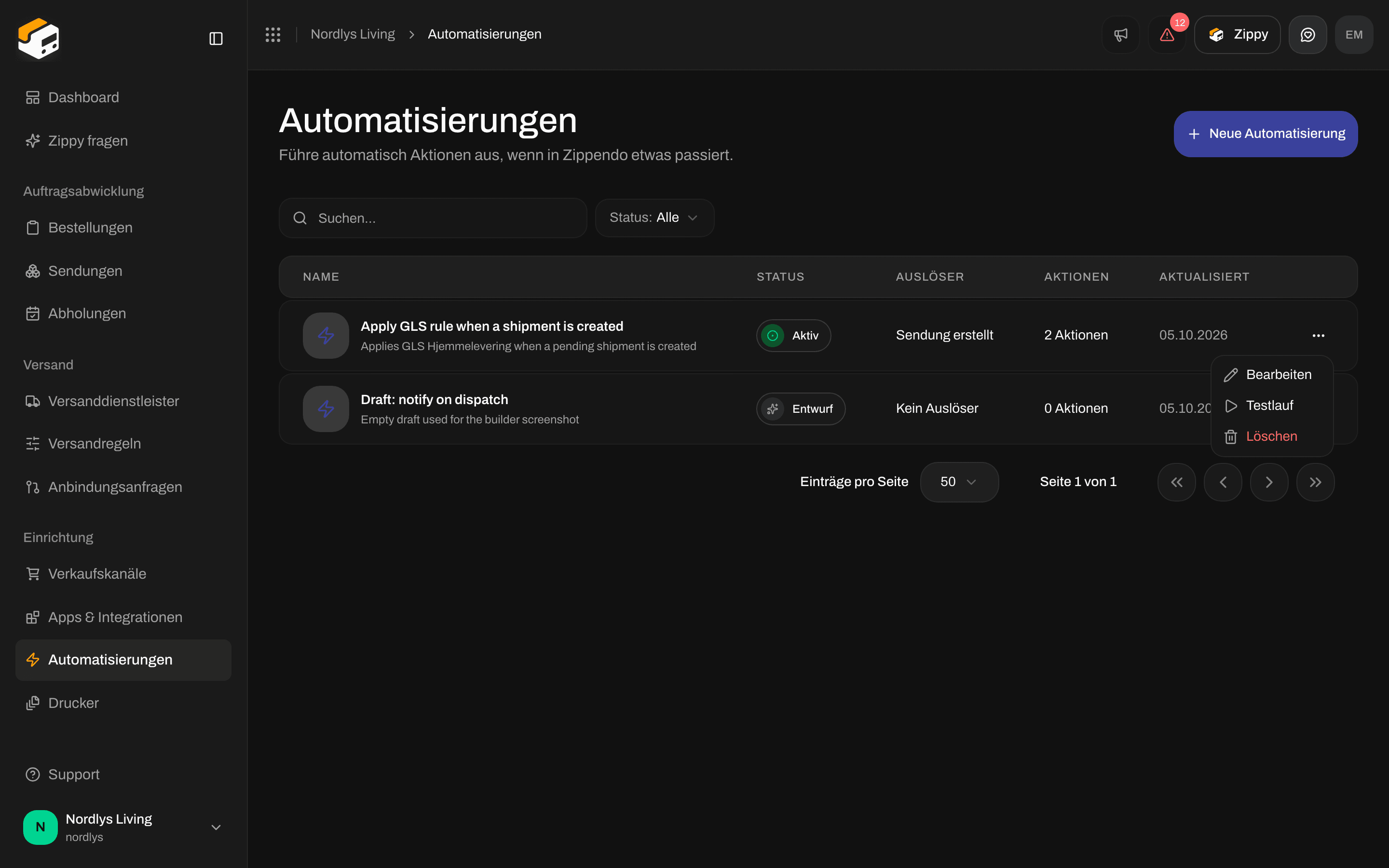 Zeilenmenü der Automatisierungen mit Bearbeiten, Testlauf und Löschen