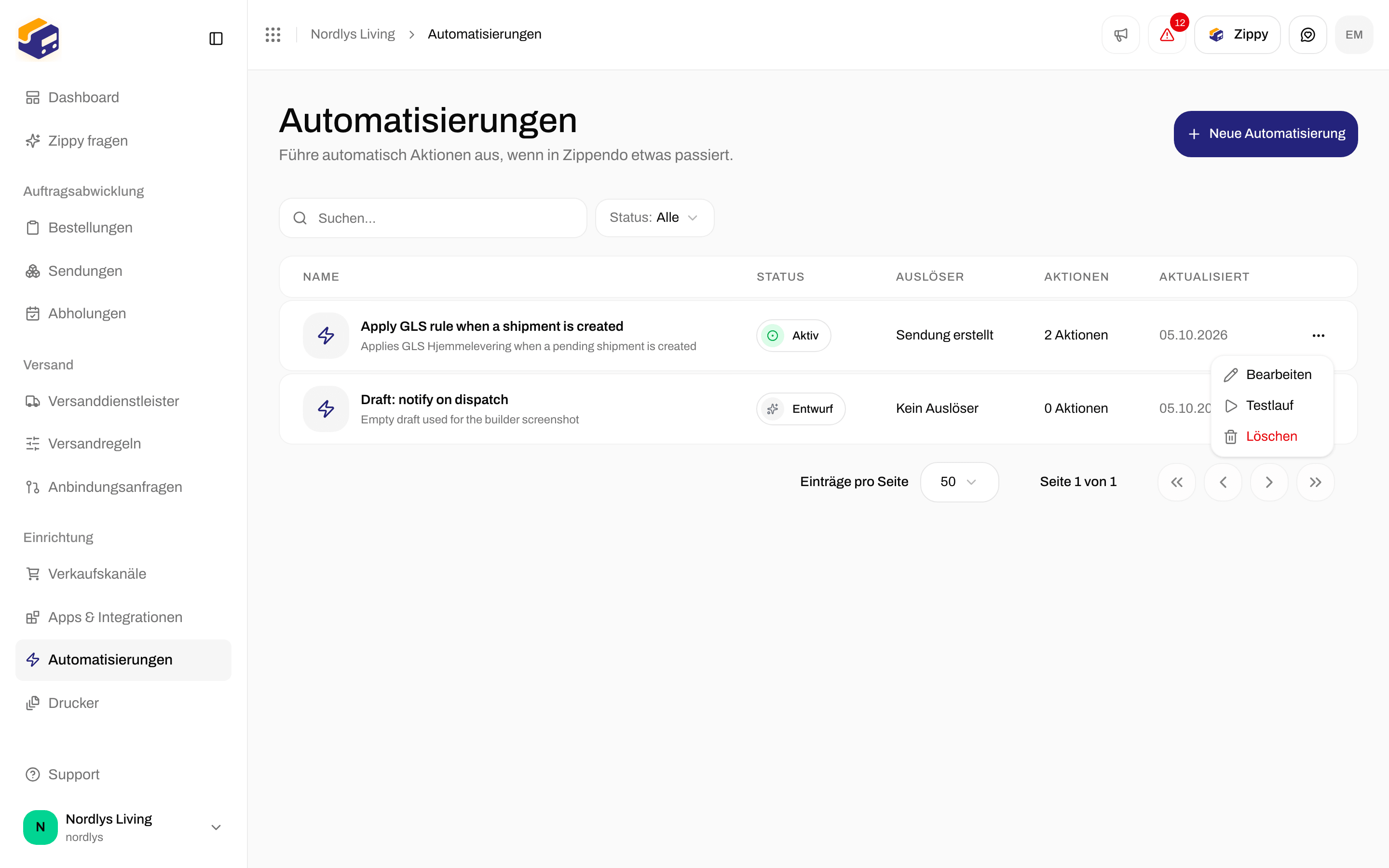 Zeilenmenü der Automatisierungen mit Bearbeiten, Testlauf und Löschen