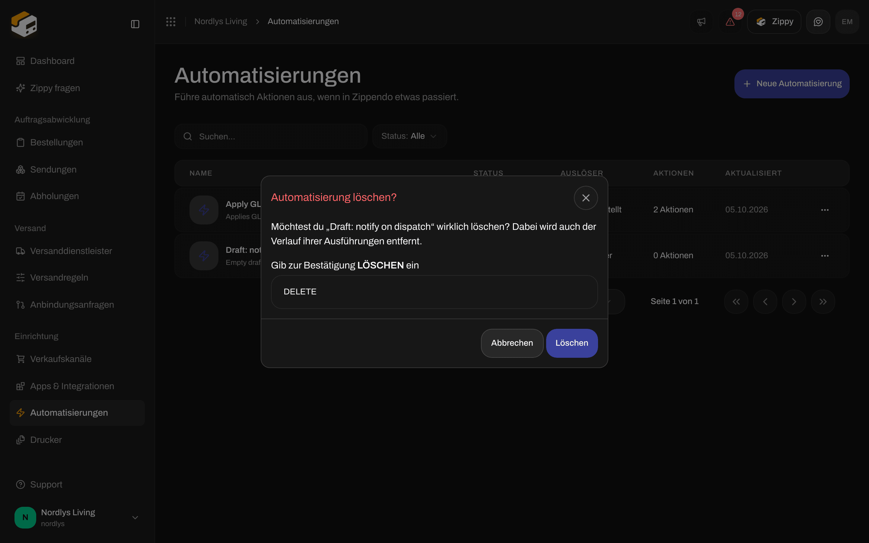 Fenster Automatisierung löschen mit der Aufforderung, zur Bestätigung DELETE zu tippen
