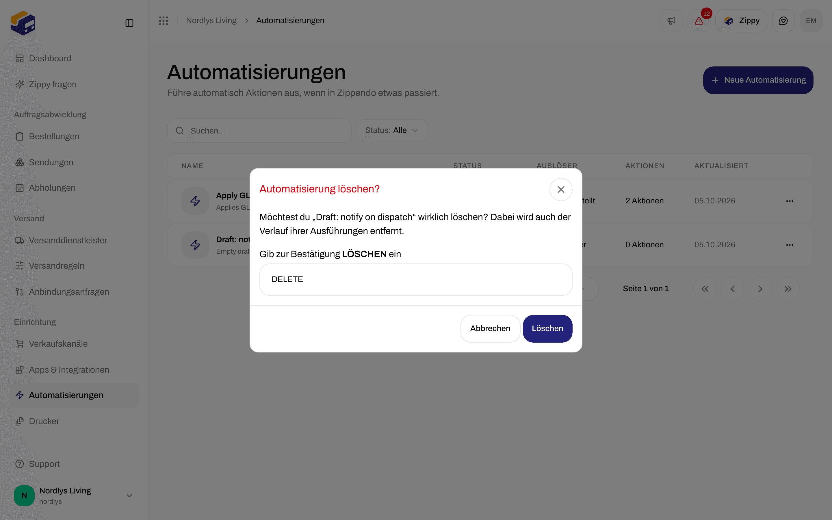 Fenster Automatisierung löschen mit der Aufforderung, zur Bestätigung DELETE zu tippen