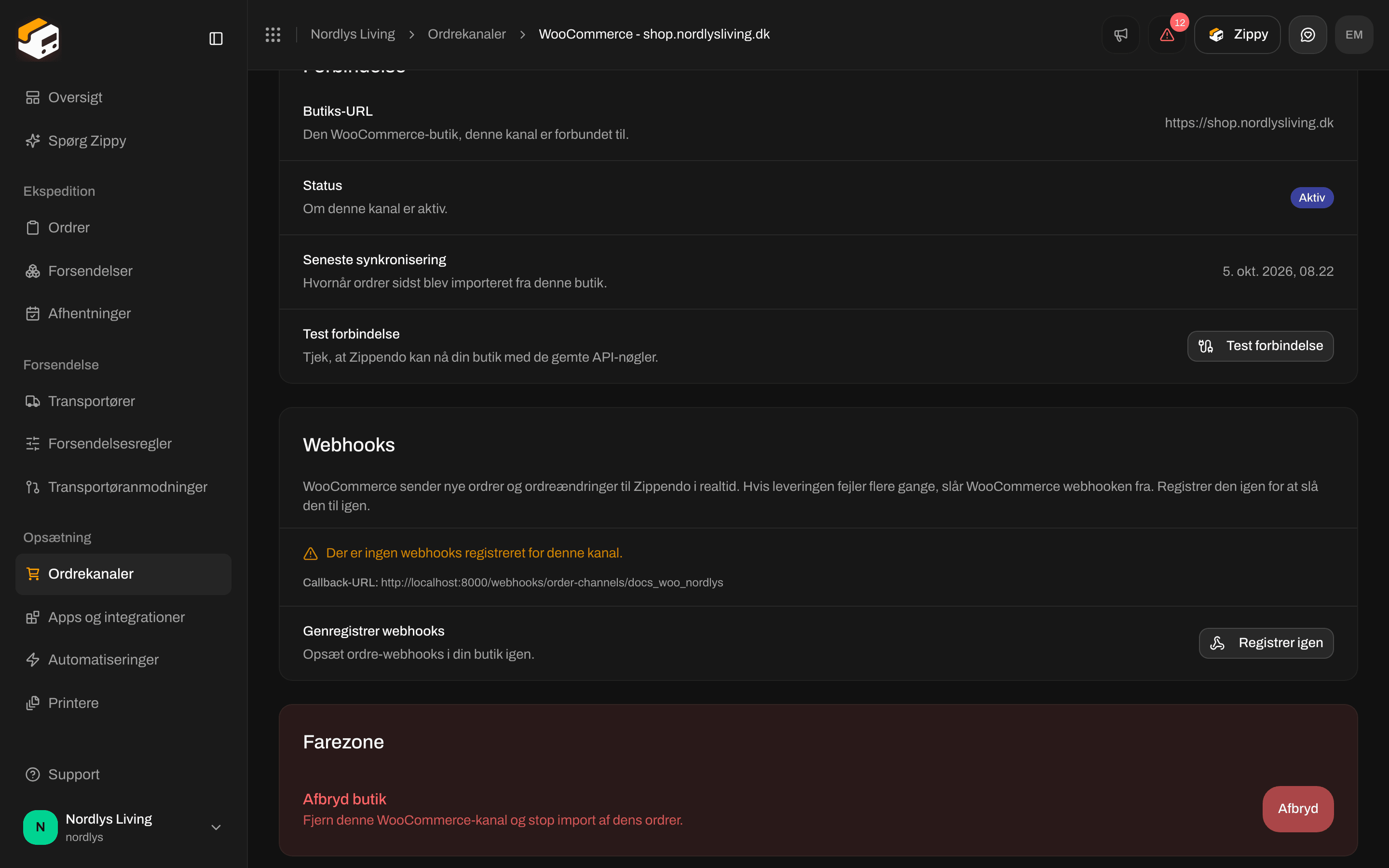 Kortet Webhooks med webhooklisten, callback-URL'en og Registrer igen