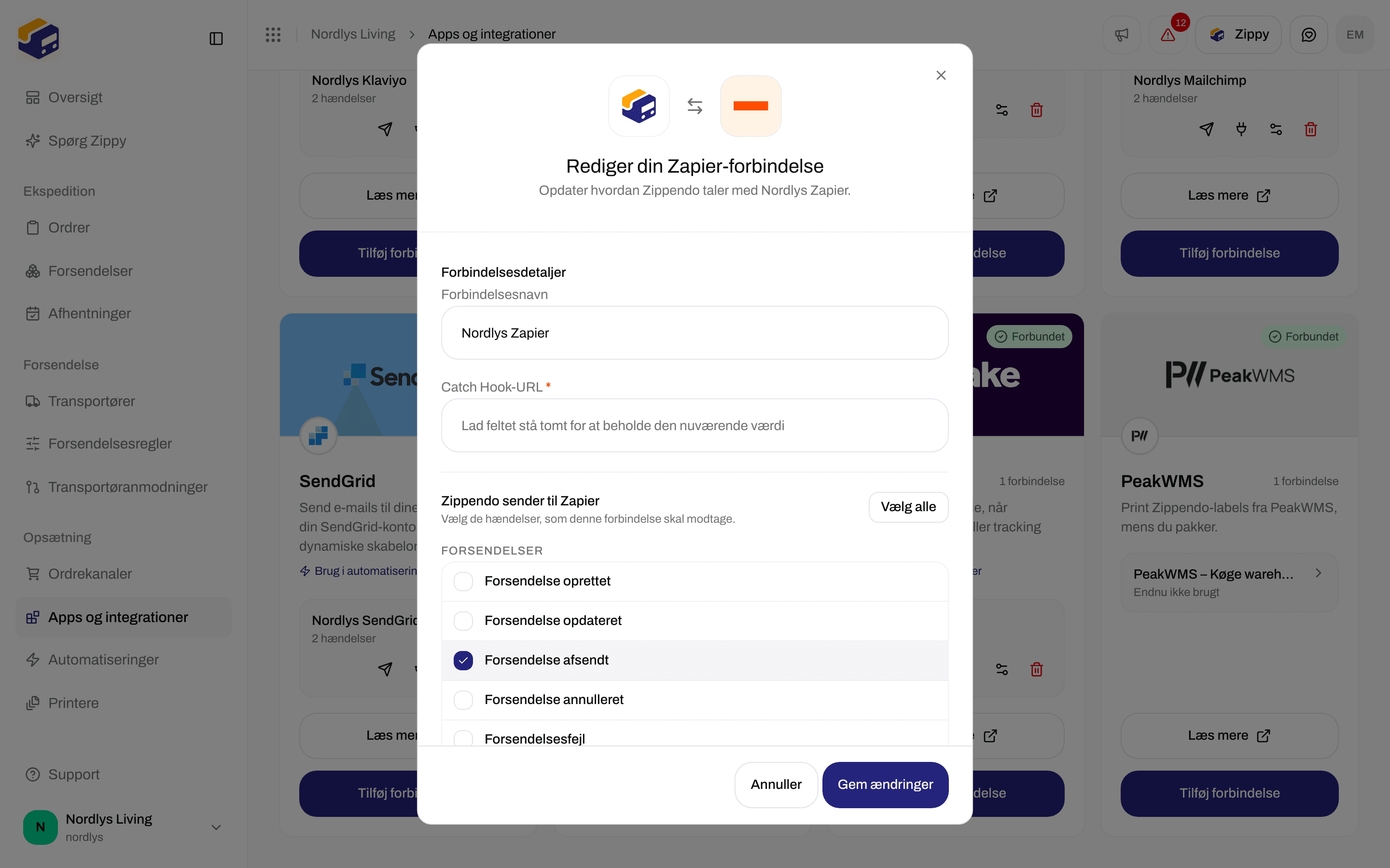 Redigeringsvindue for en Zapier-forbindelse med forbindelsesnavnet, et tomt Catch Hook-felt og hændelserne