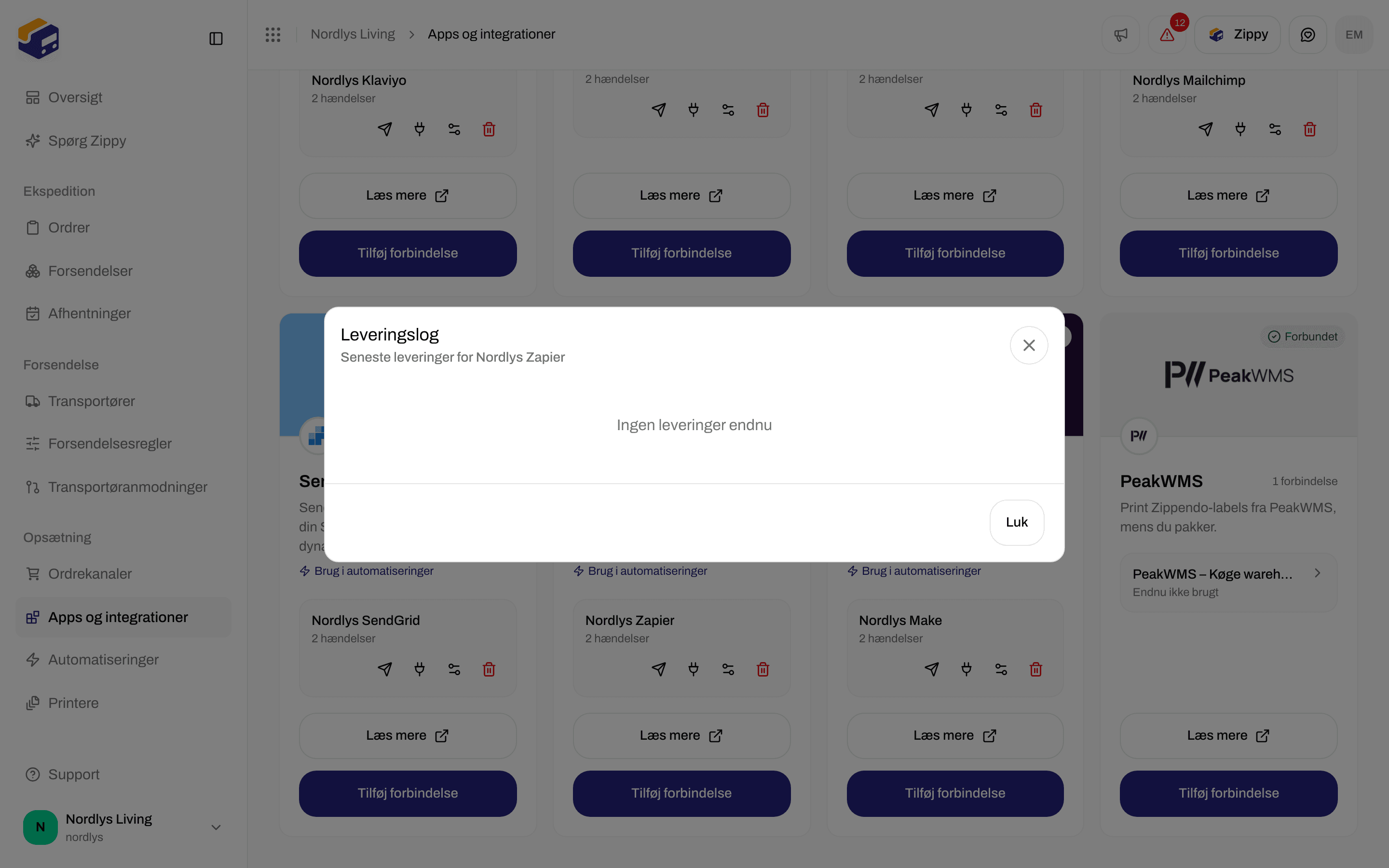 Vinduet Leveringslog for en Zapier-forbindelse med teksten Ingen leveringer endnu