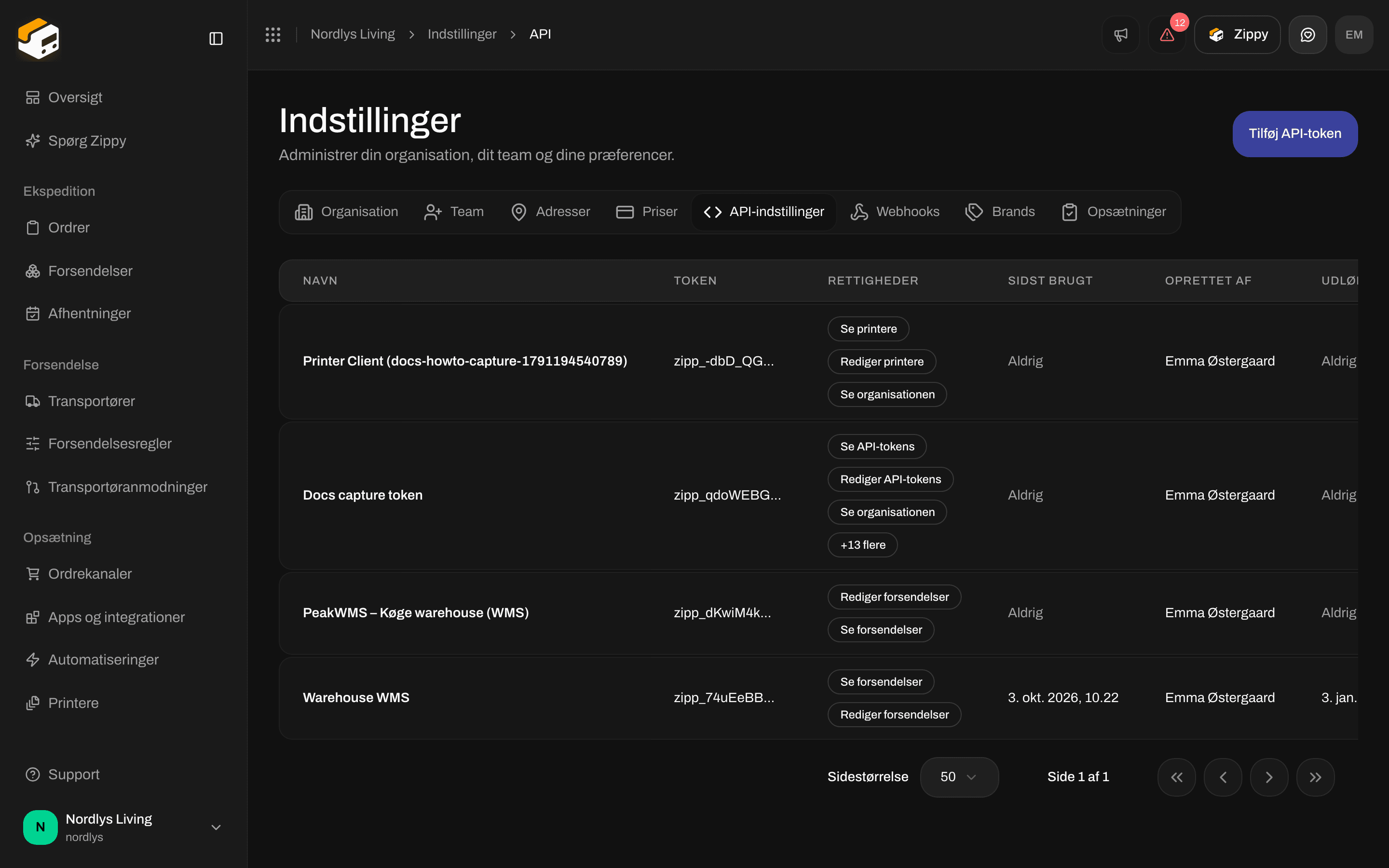 Fanen API-indstillinger med listen over API-tokens og Tilføj API-token i overskriften