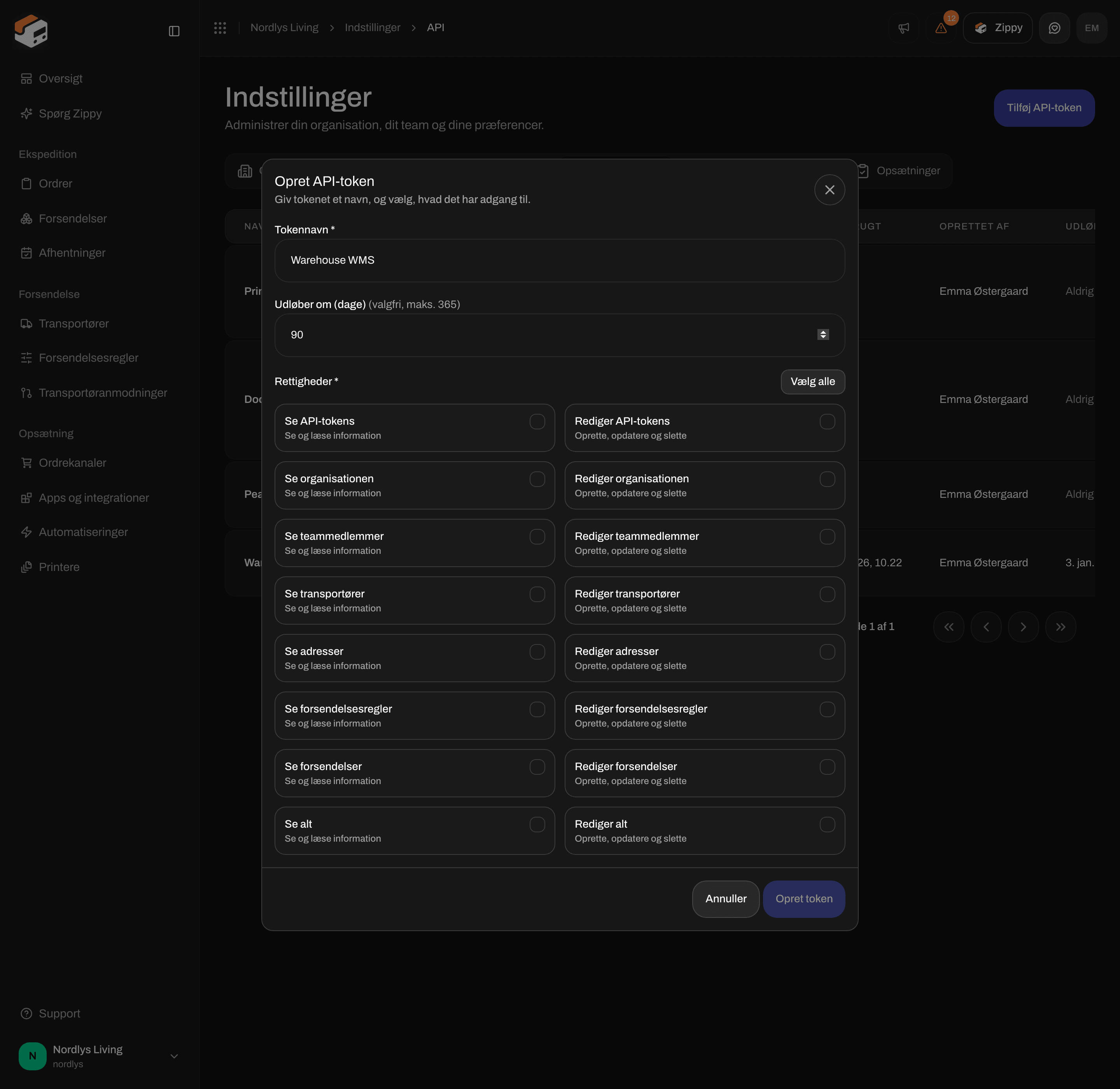 Vinduet Opret API-token med Tokennavn, Udløber om (dage) og afkrydsningsfelter til rettigheder