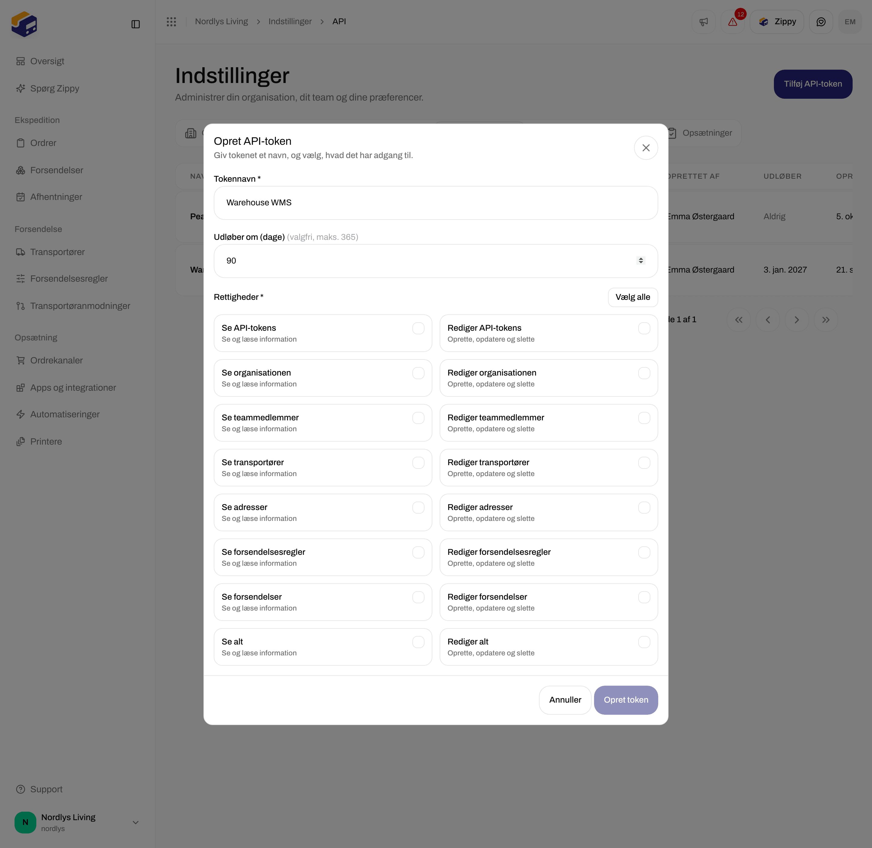 Vinduet Opret API-token med Tokennavn, Udløber om (dage) og afkrydsningsfelter til rettigheder