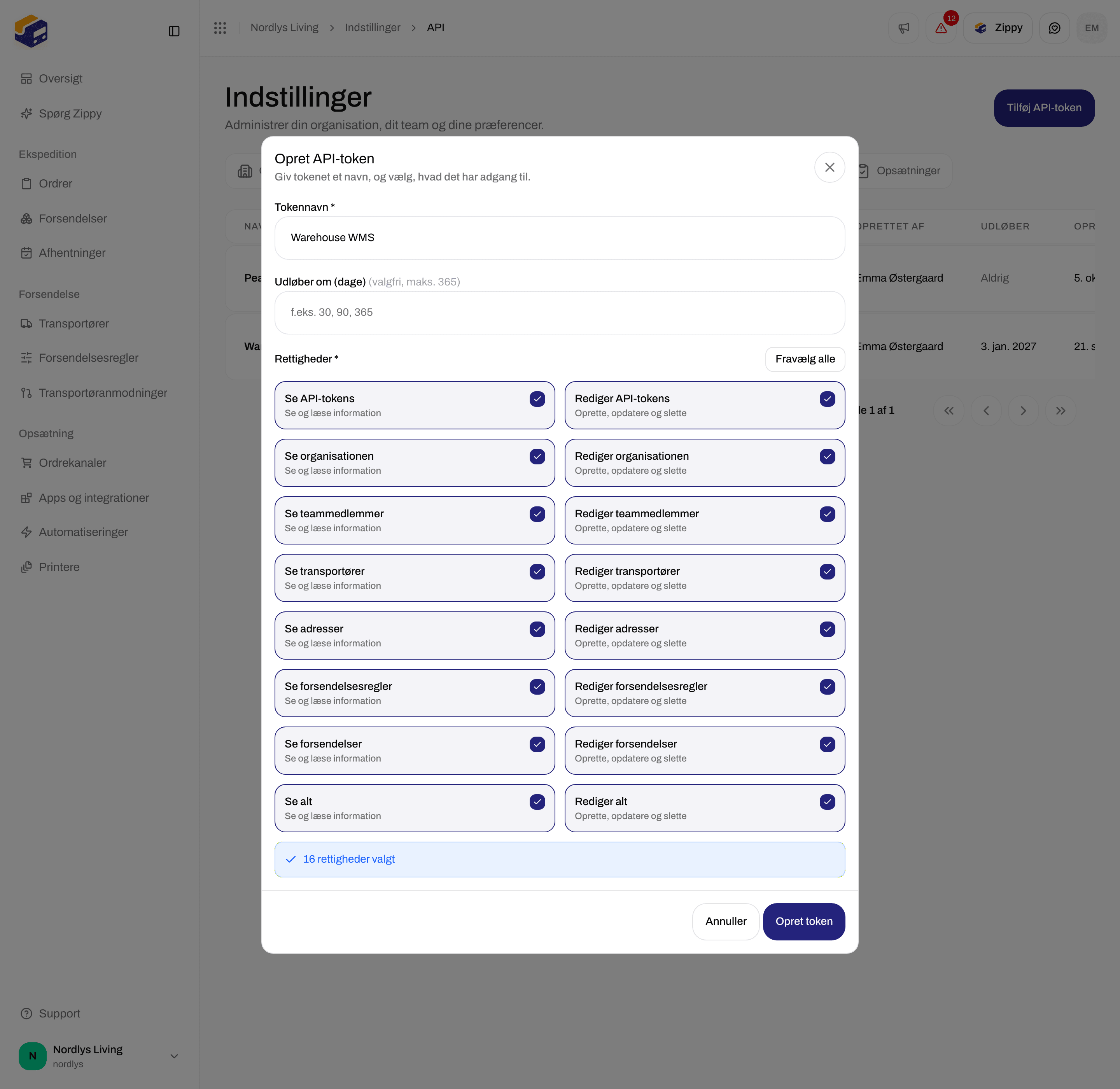 Rettigheder i Opret API-token med afkrydsningsfelter til Læs og Skriv, inklusive Se alt og Rediger alt