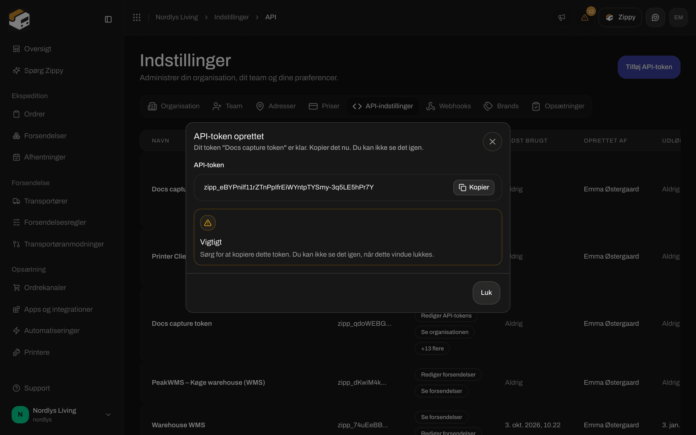 Vinduet API-token oprettet med tokenet, en Kopier-knap og en Vigtigt-advarsel