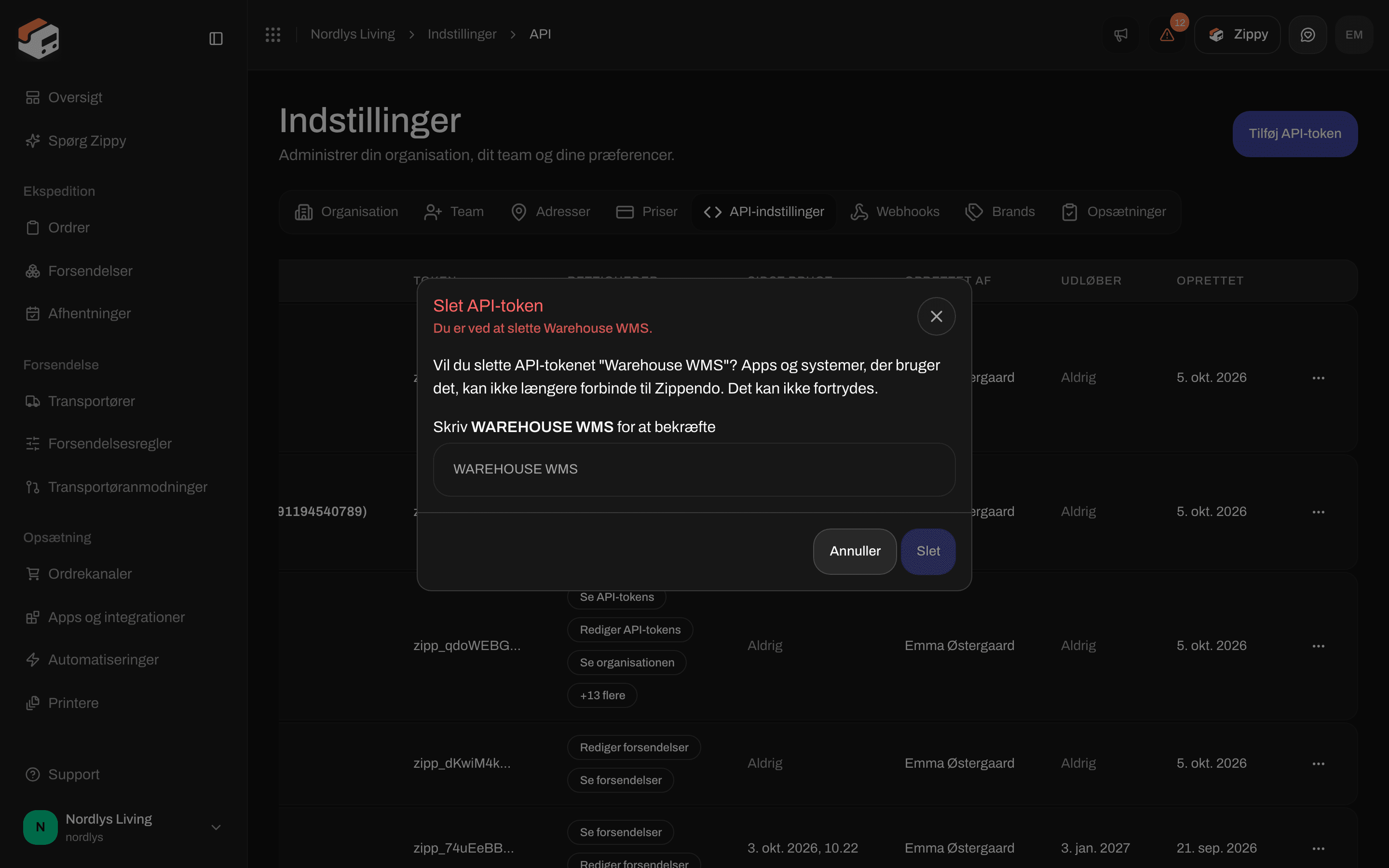 Vinduet Slet API-token med et felt, hvor du skriver navnet for at bekræfte