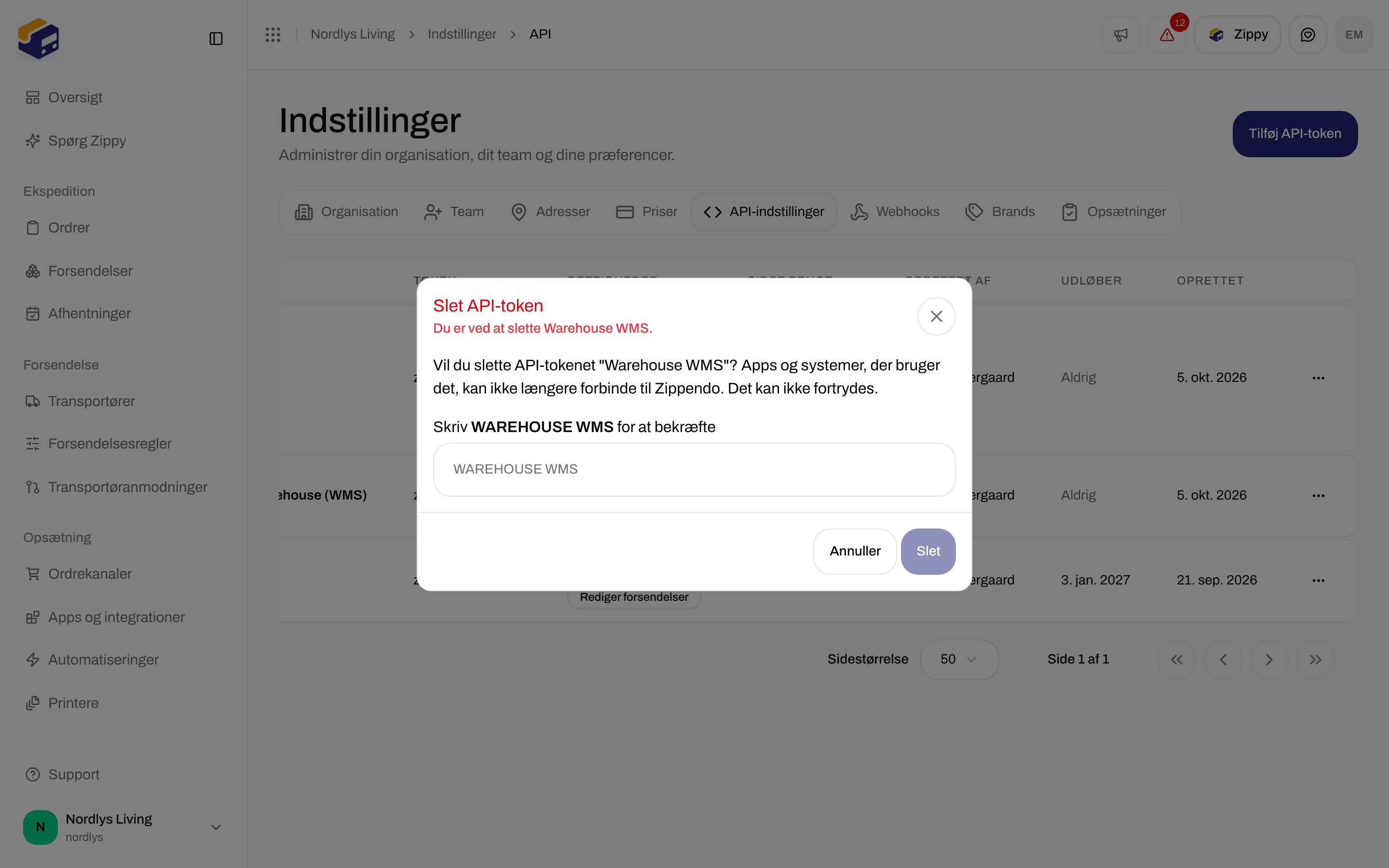 Vinduet Slet API-token med et felt, hvor du skriver navnet for at bekræfte