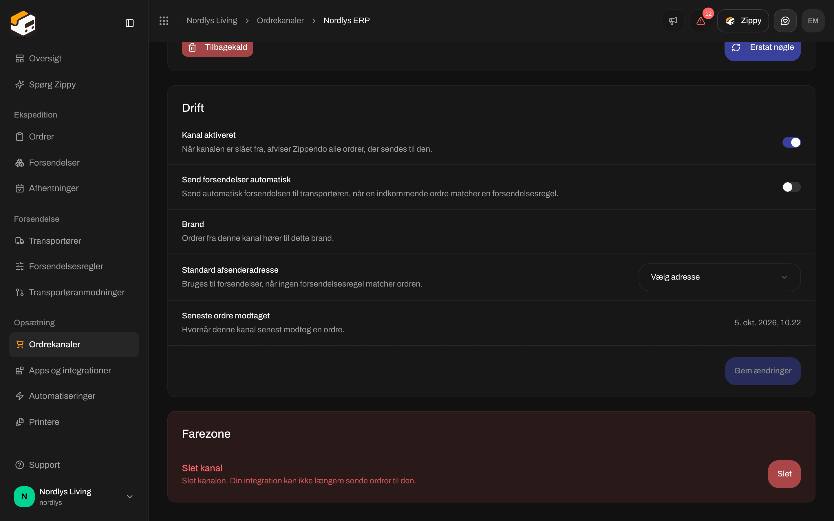 Kortet Drift med Kanal aktiveret slået til, Send forsendelser automatisk, Standard afsenderadresse, Seneste ordre modtaget og Gem ændringer