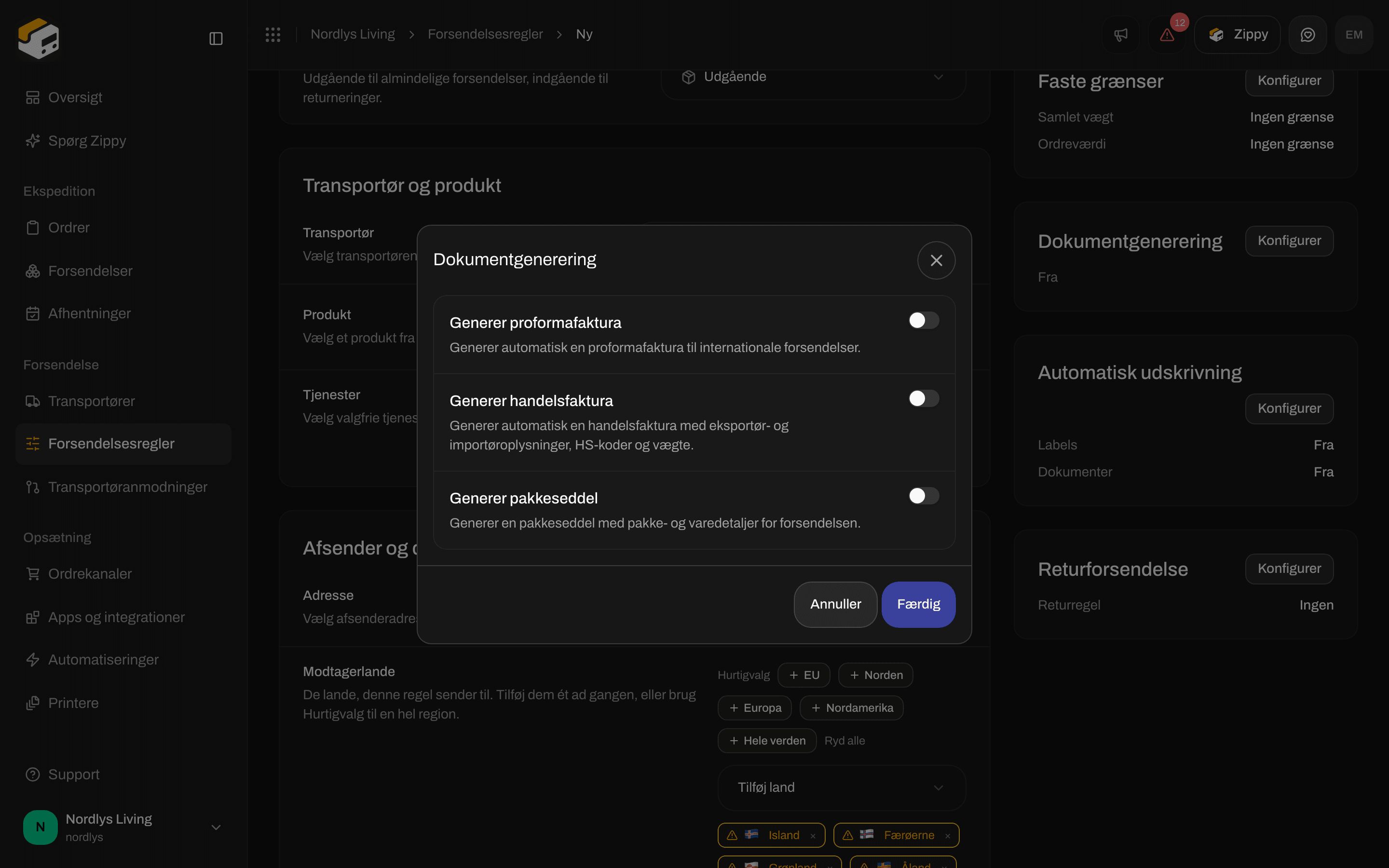 Formularen til forsendelsesregler med kontakterne i Dokumentgenerering til fakturaer og pakkesedlen