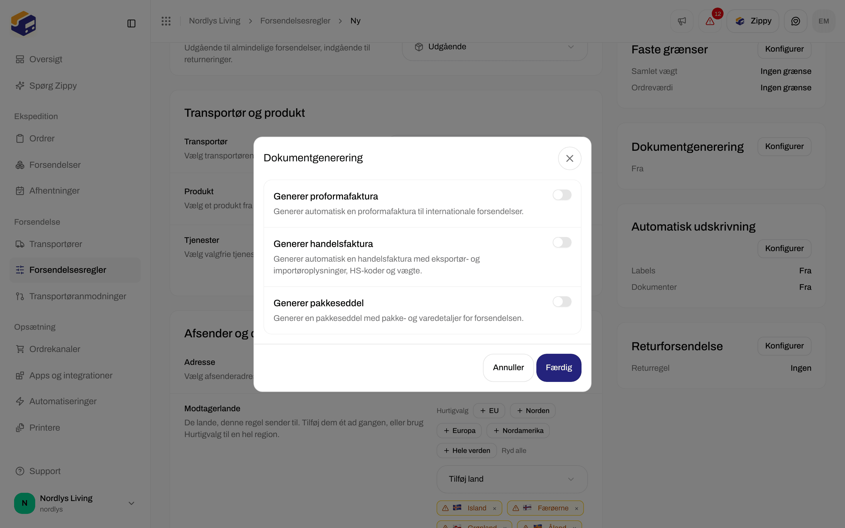 Formularen til forsendelsesregler med kontakterne i Dokumentgenerering til fakturaer og pakkesedlen