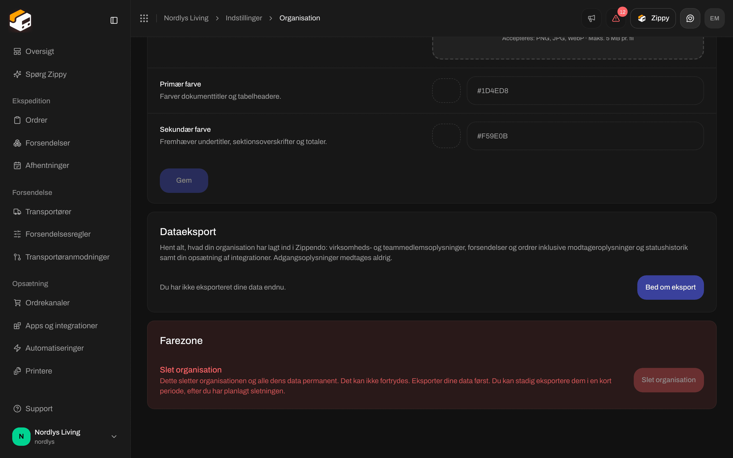 Farezone med overskriften Slet organisation og en knap, Slet organisation, der ikke kan klikkes
