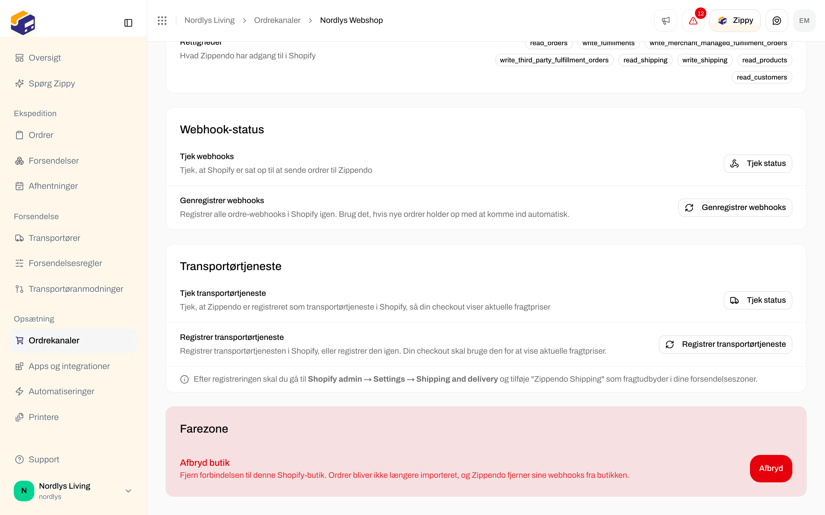 Farezone med Afbryd butik og knappen Afbryd på en Shopify-kanal