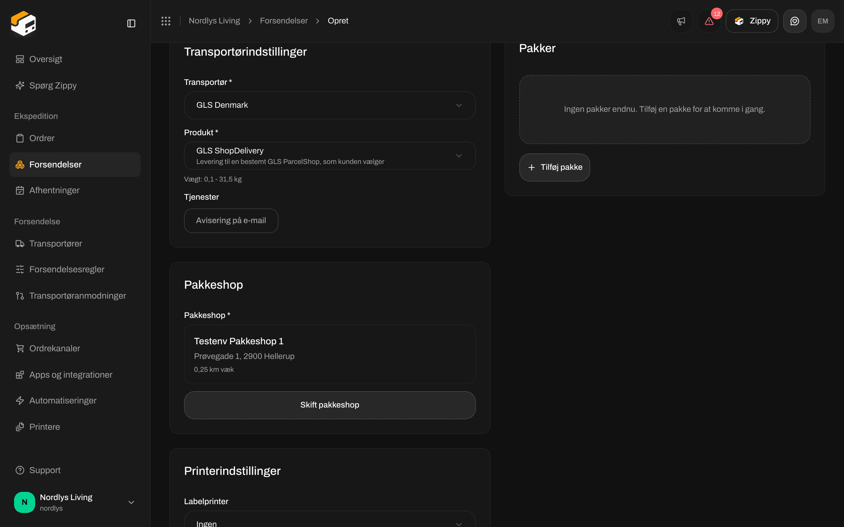 Kortet Pakkeshop, der viser den valgte pakkeshops navn, adresse og afstand, med Skift pakkeshop