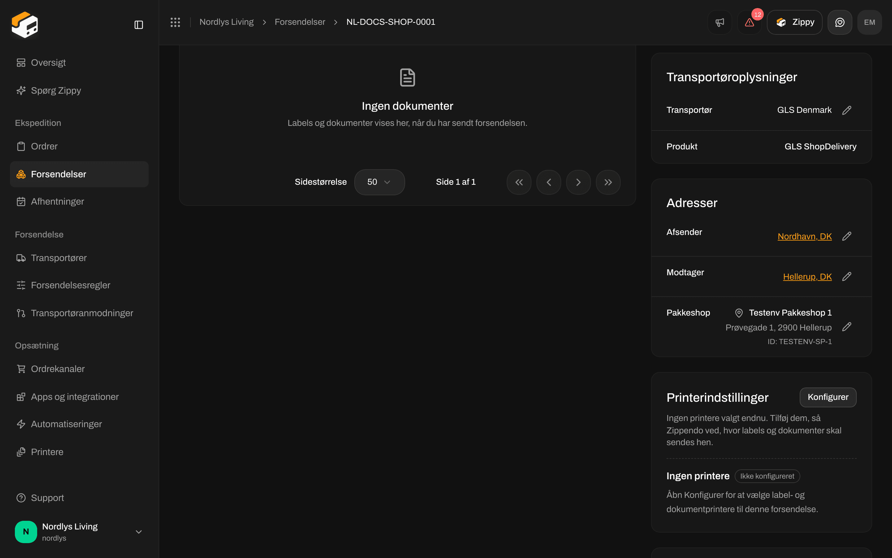 Afsnittet Adresser med Afsender, Modtager og Pakkeshoppens navn, adresse og id
