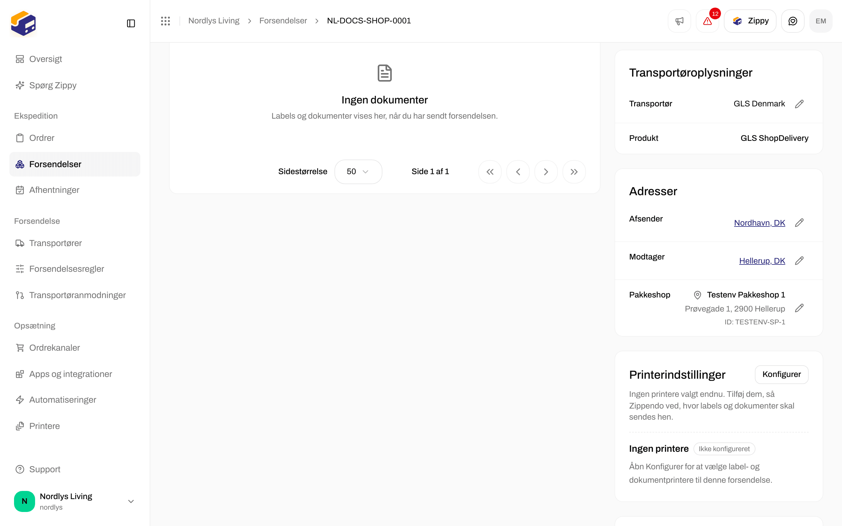 Afsnittet Adresser med Afsender, Modtager og Pakkeshoppens navn, adresse og id