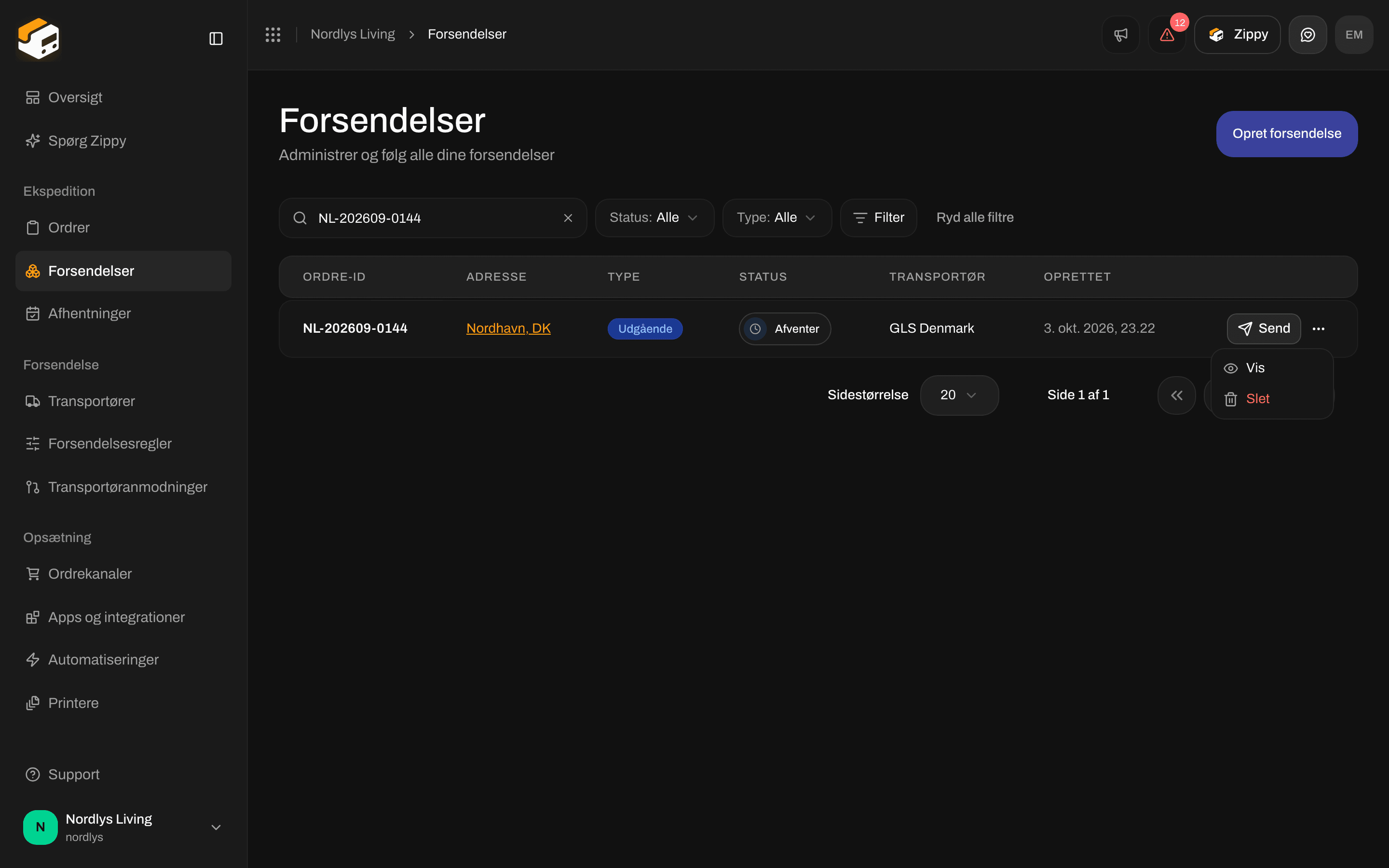 Rækkemenu på listen Forsendelser med Vis og Slet
