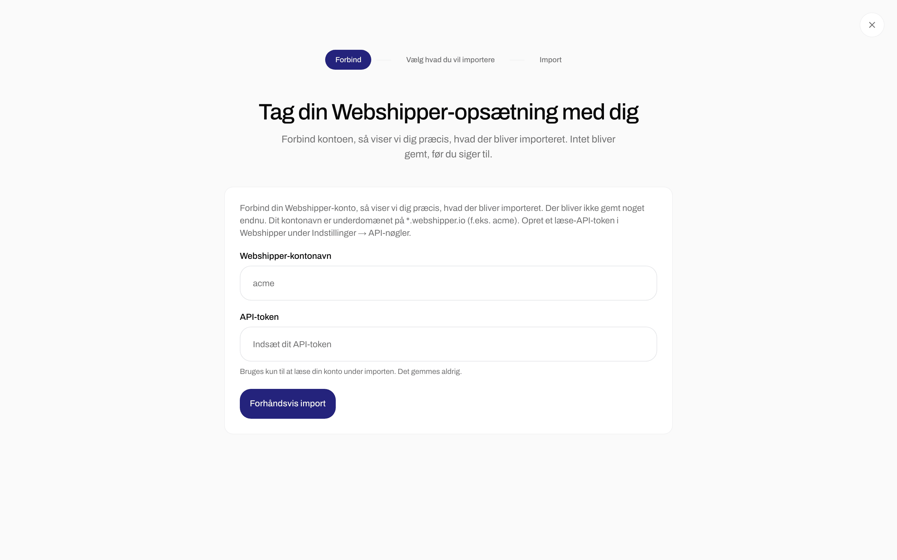 Importformular med Webshipper-kontonavn, API-token og Forhåndsvis import