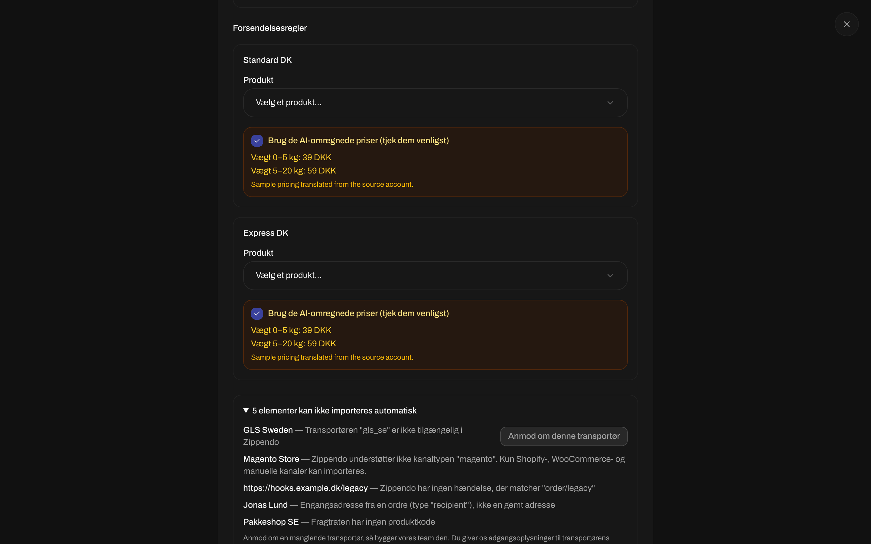Liste over elementer, der ikke kan importeres automatisk, med en knap Anmod om denne transportør