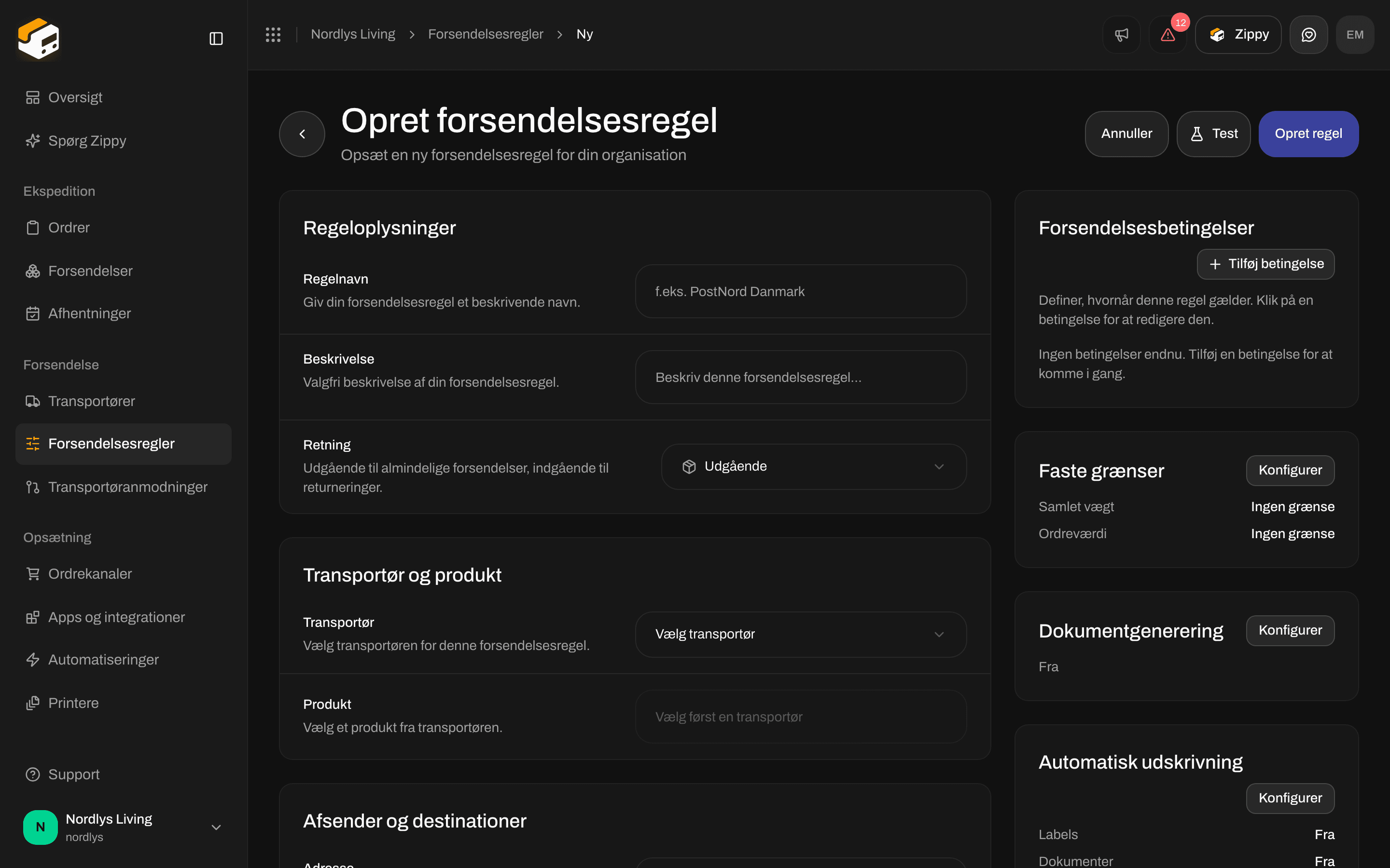 Opret forsendelsesregel med feltet Retning: udgående til almindelige forsendelser, indgående til returneringer